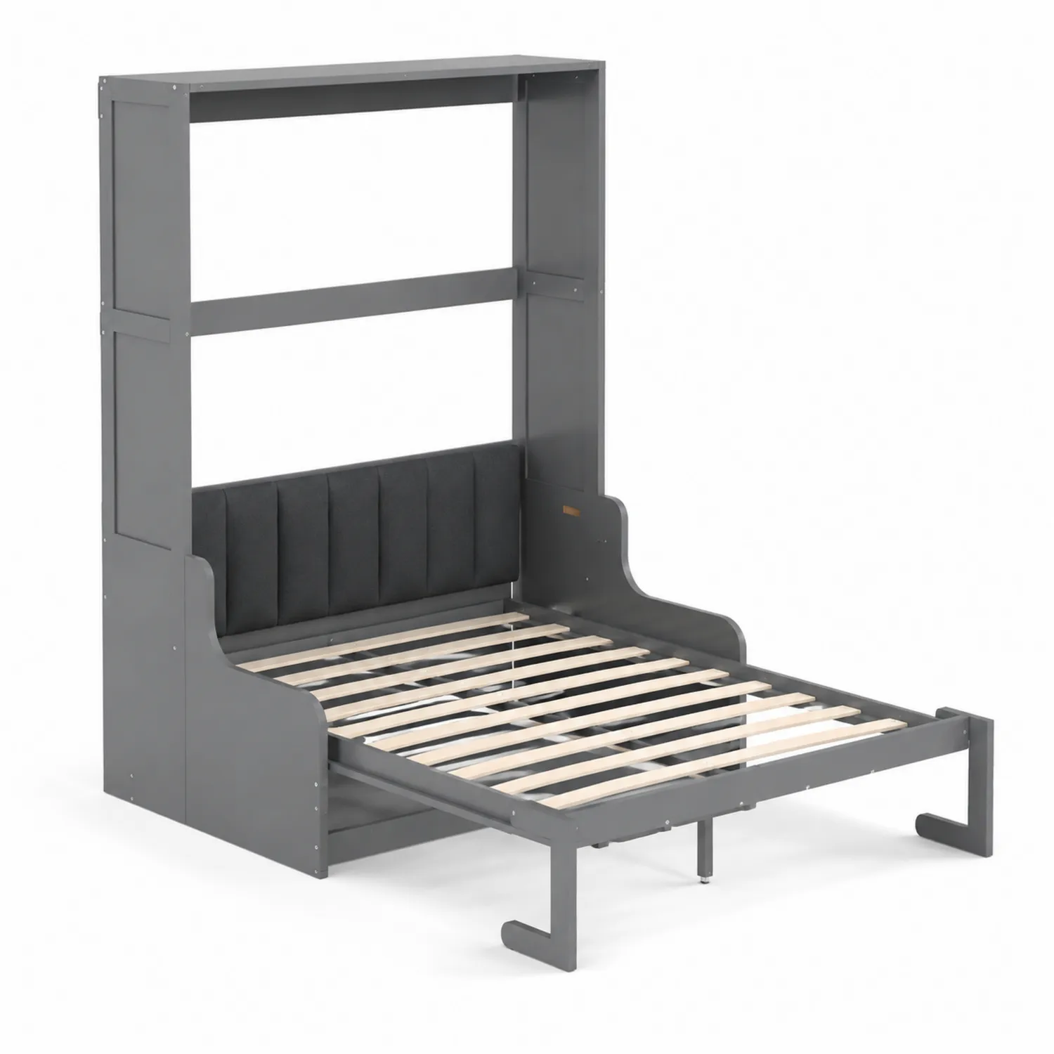 Cama abatible de madera y tela gris
