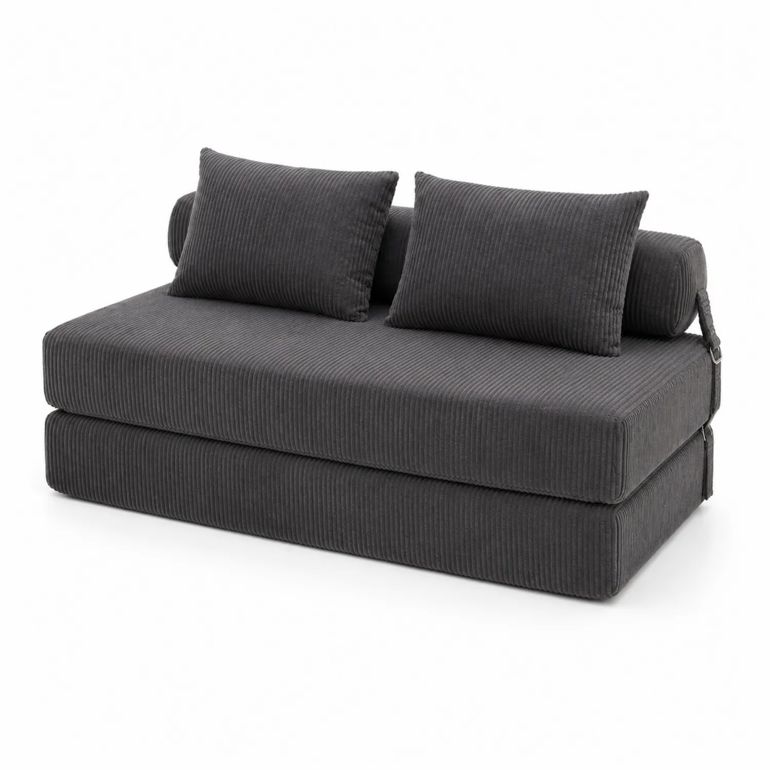 Sofá cama de pana gris con cojines