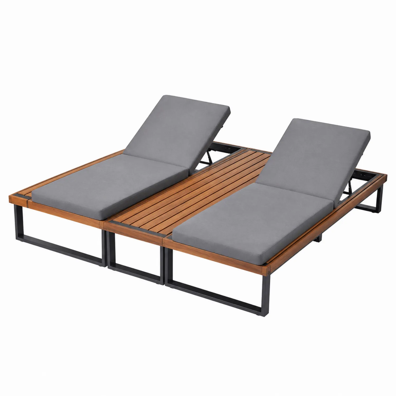 Tumbona doble de madera y metal con cojines gris oscuro