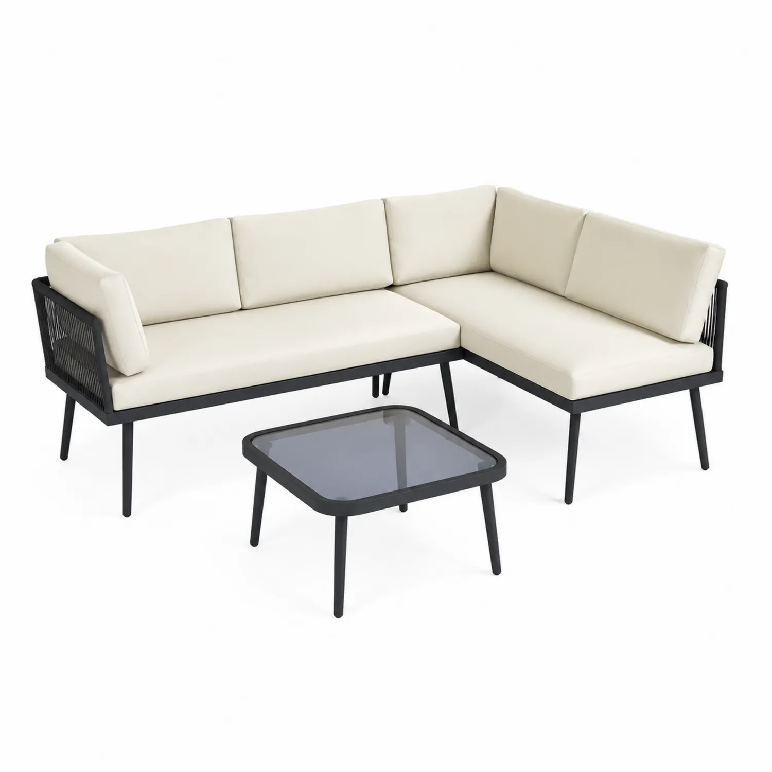 Conjunto de sofá modular de aluminio con mesa de vidrio
