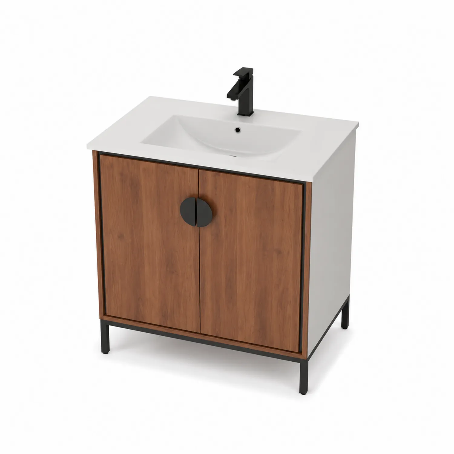 Mueble de lavabo de madera y metal con lavabo de cerámica blanca 80x50x75 cm