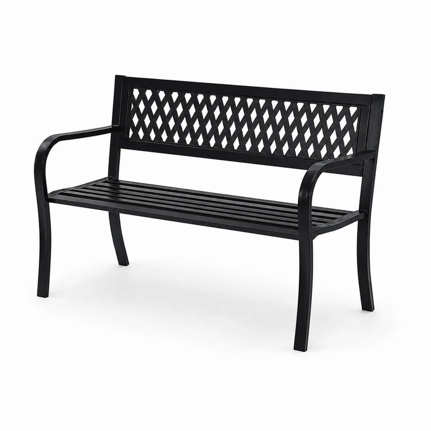 Banco de metal negro para exterior con respaldo enrejado