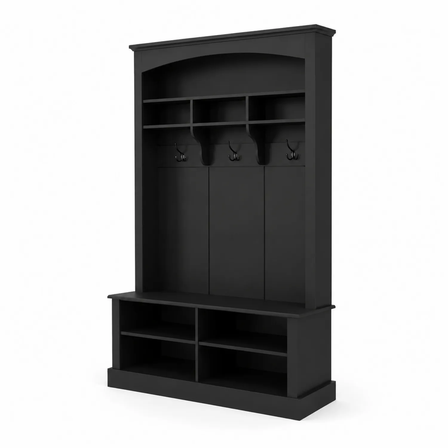Perchero de Entrada de MDF Negro con Estantes y Banco
