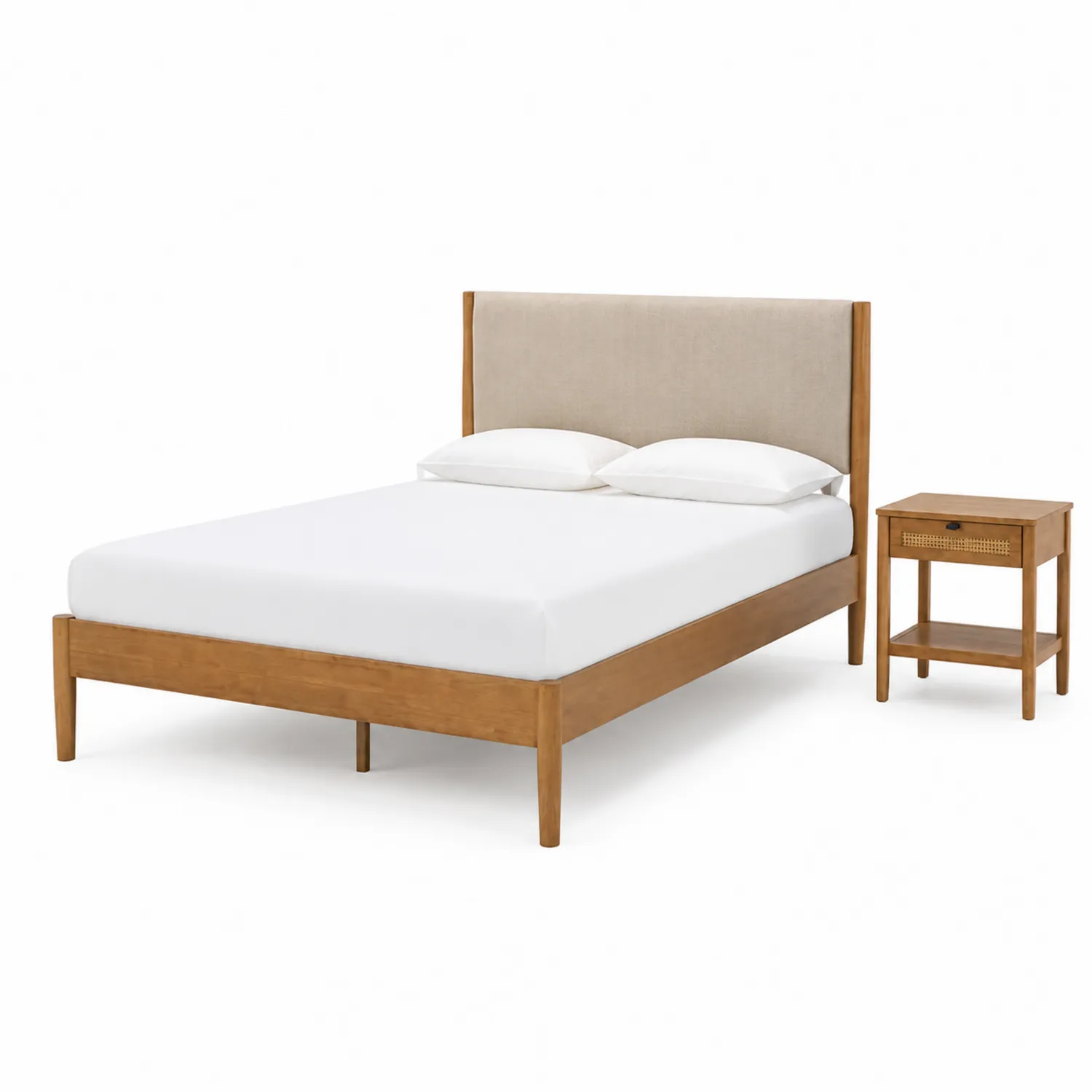 Cama Doble de Madera y Mesita de Noche con Cabecero Tapizado