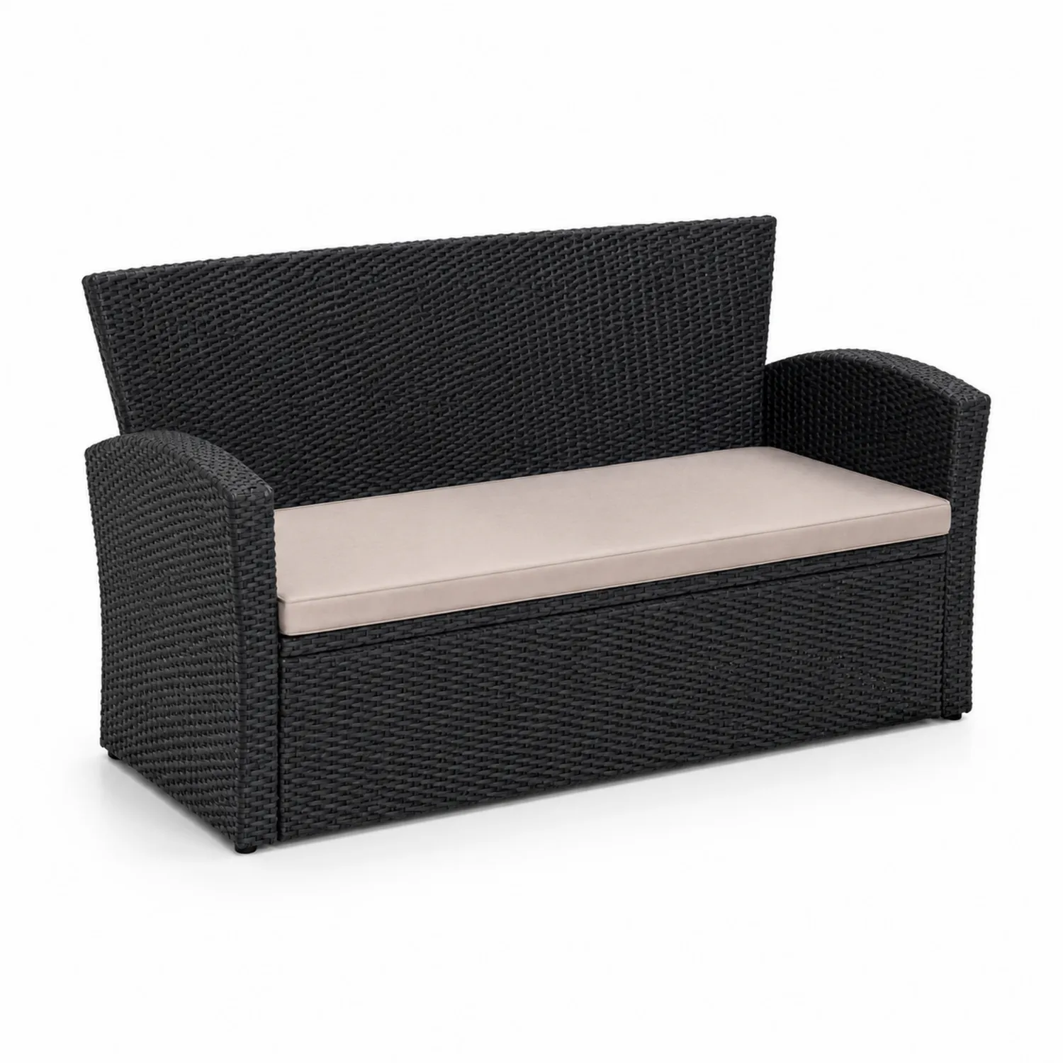 Sofá de Ratán Sintético Negro con Cojín Beige
