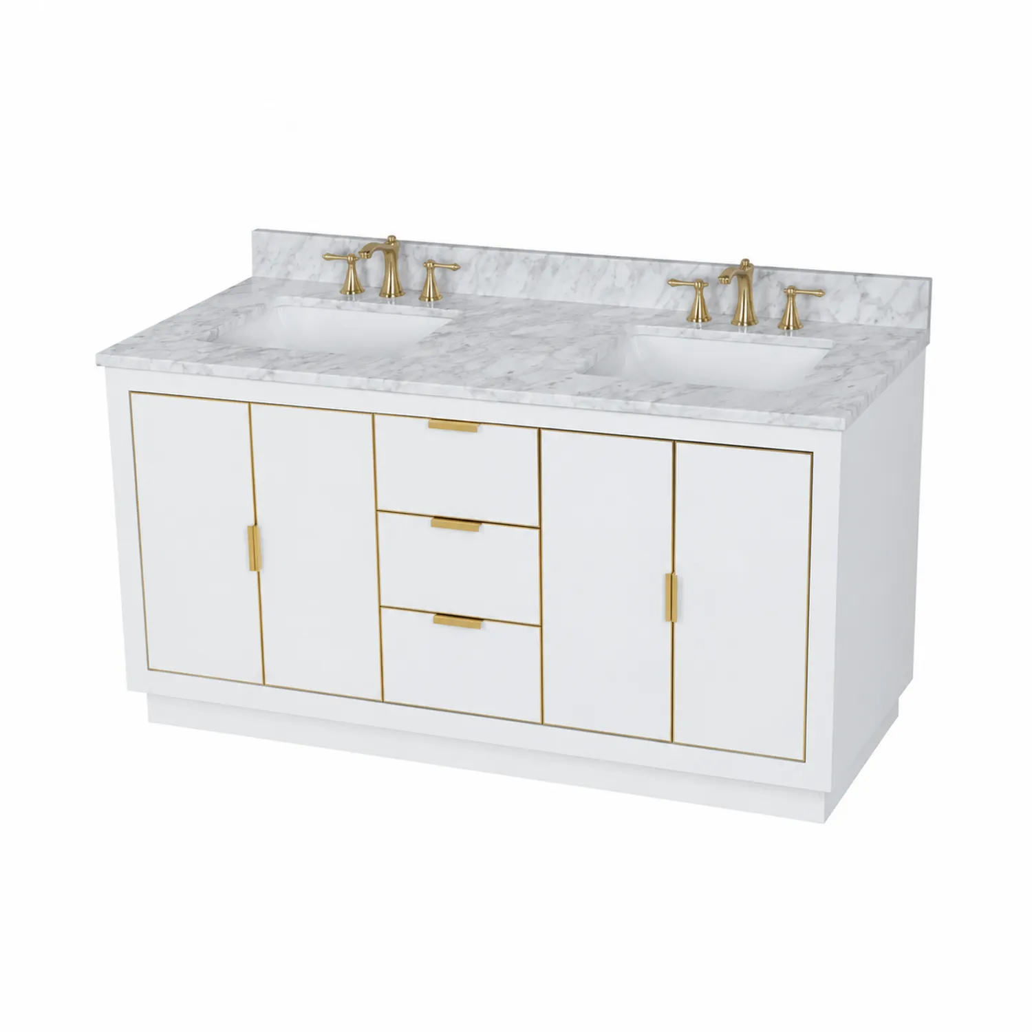 Mueble de lavabo doble con encimera de mármol y estructura de madera, 140 cm, Blanco y Dorado