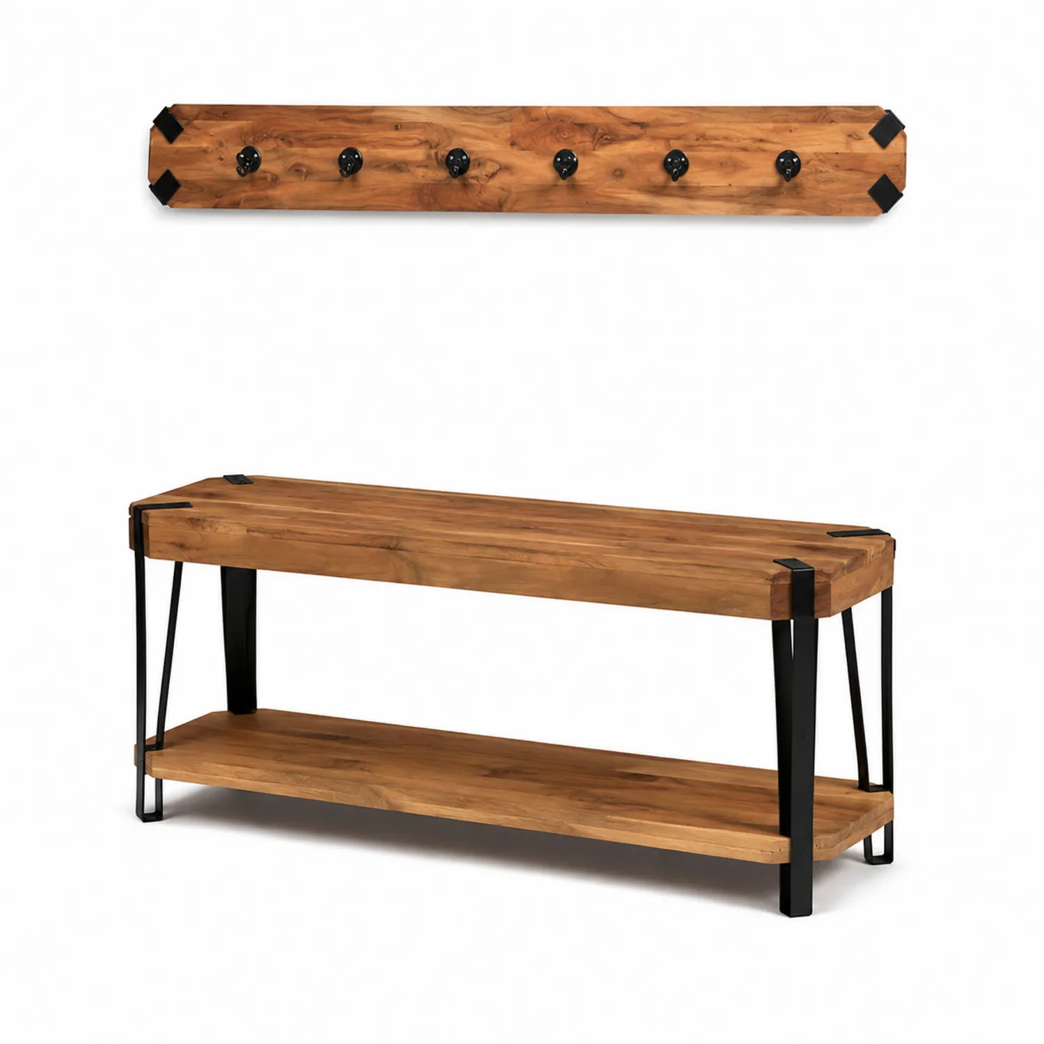 Conjunto de banco y perchero de madera de acacia y metal negro