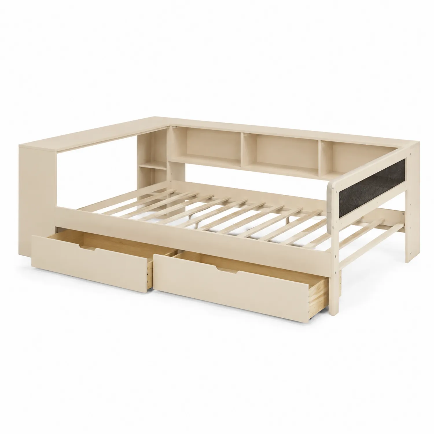 Cama de día de madera con cajones y estantería crema 200x90x80 cm