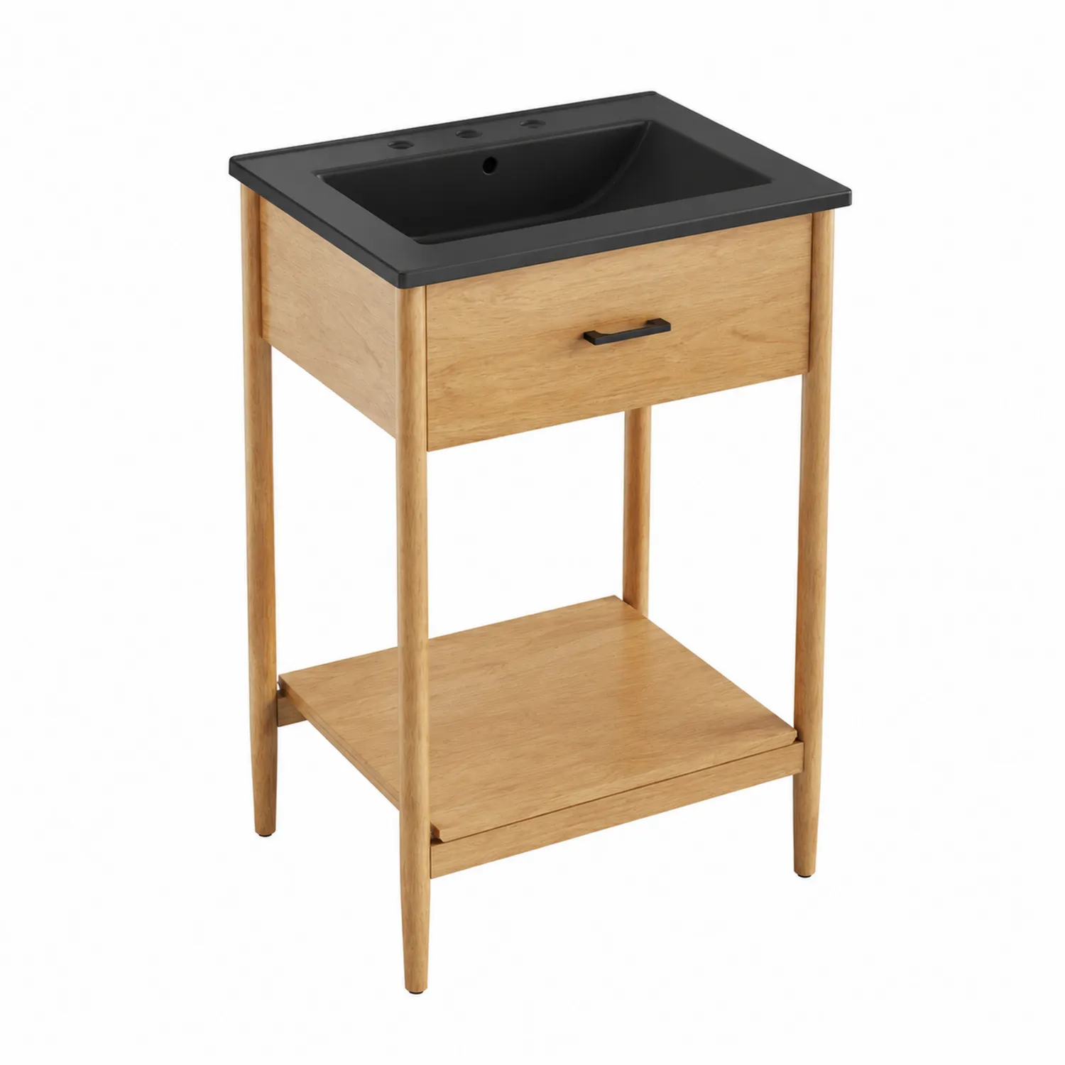 Mueble de lavabo de roble con lavabo de resina negra