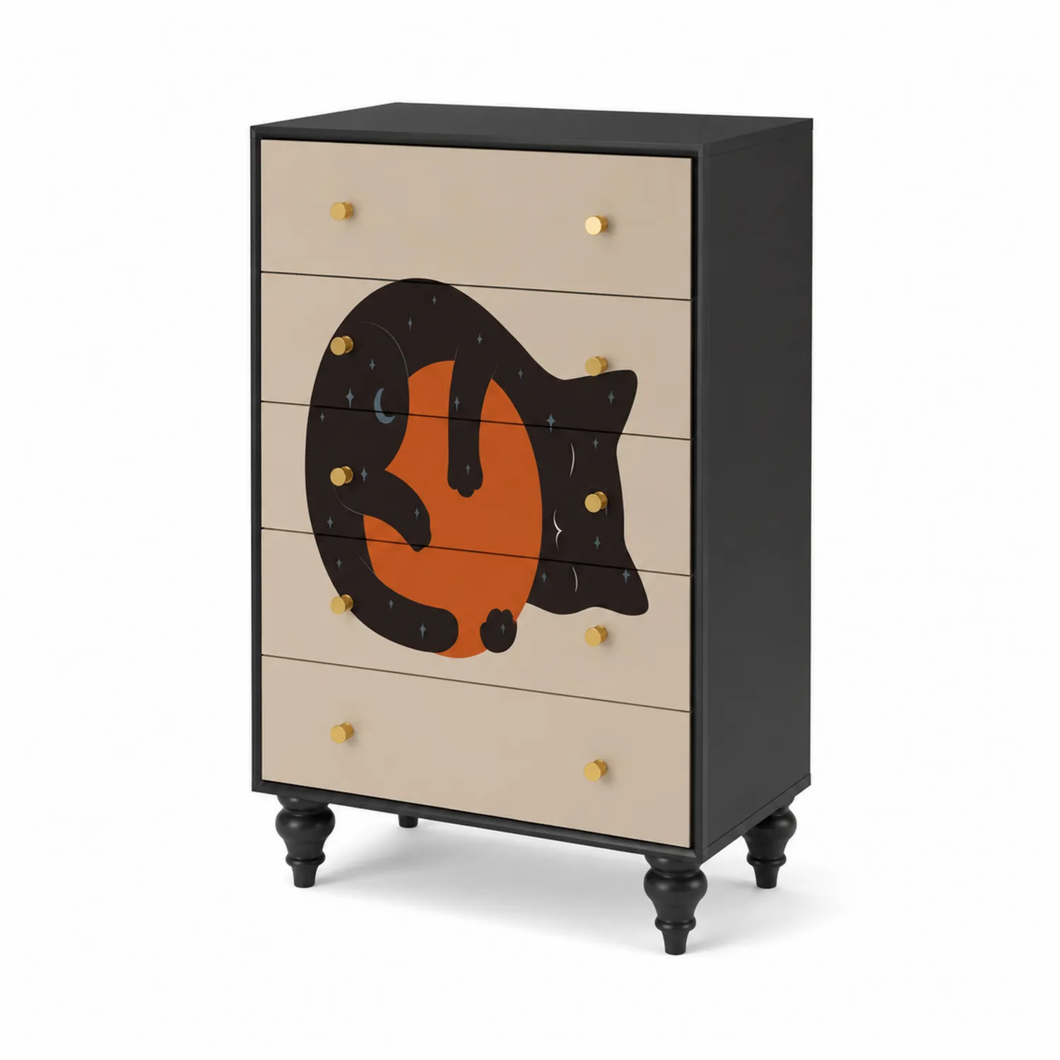 Cajonera de Madera con Diseño de Gato, 5 Cajones, Negro y Beige