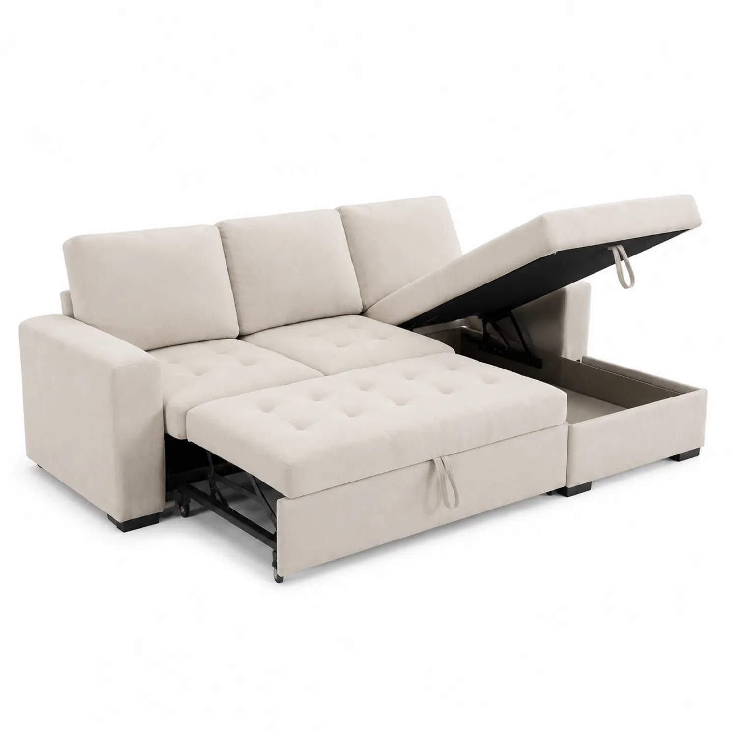 Sofá cama en forma de L con almacenamiento y estructura de madera y metal 230 cm Beige