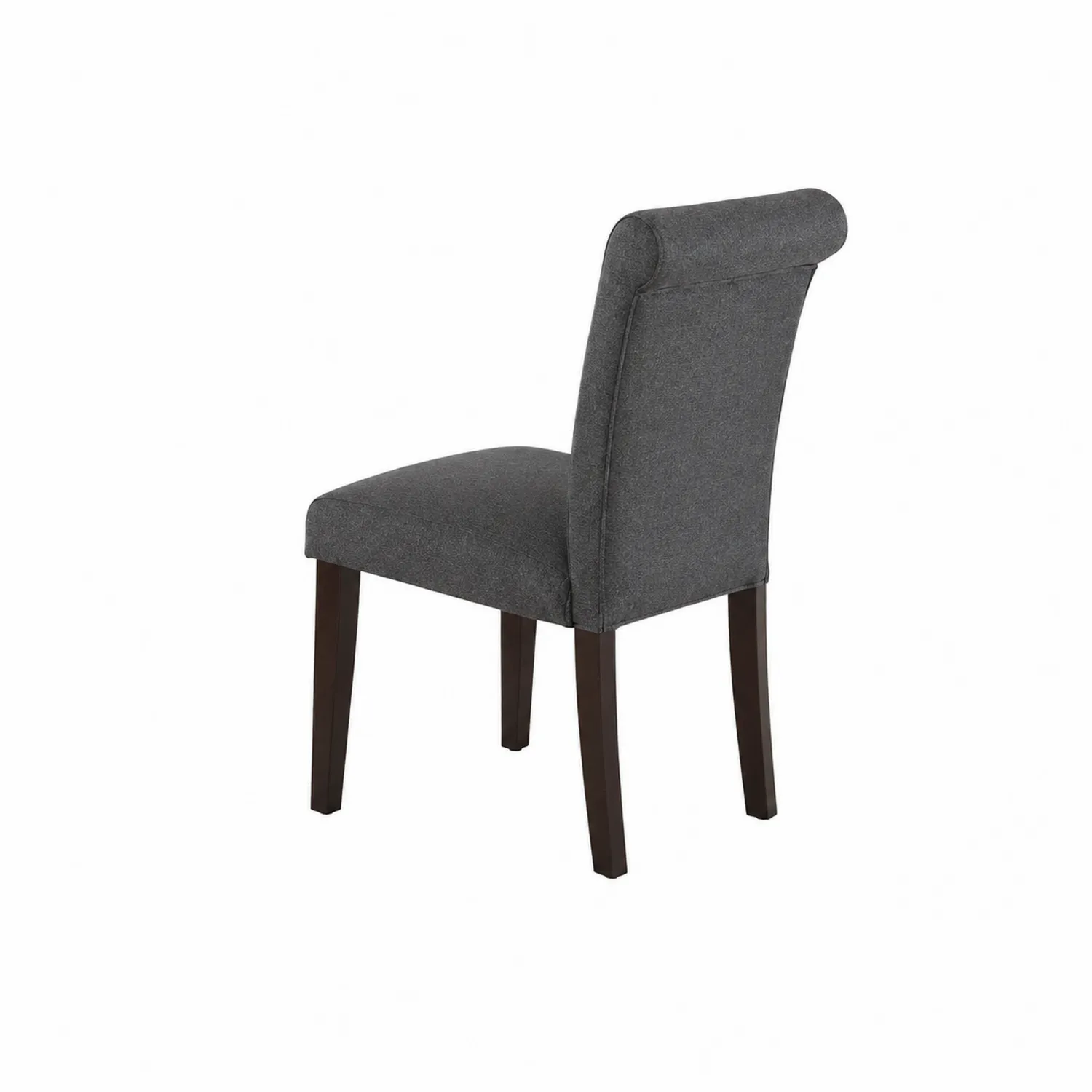 Silla tapizada en tela gris con patas de madera