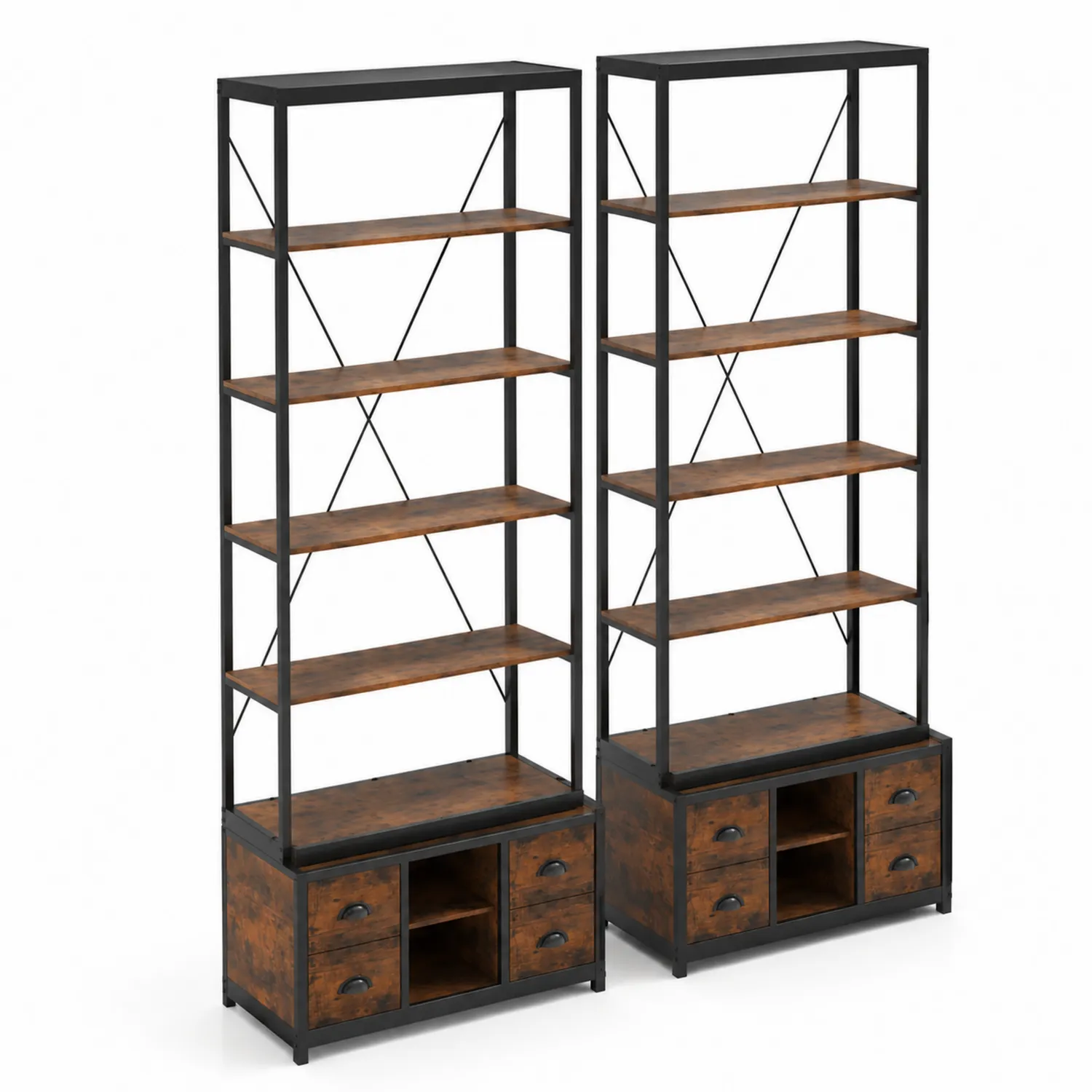 Estantería de Metal y Madera con 5 Niveles y Cajones, 180 cm, Marrón/Negro, 2 Piezas