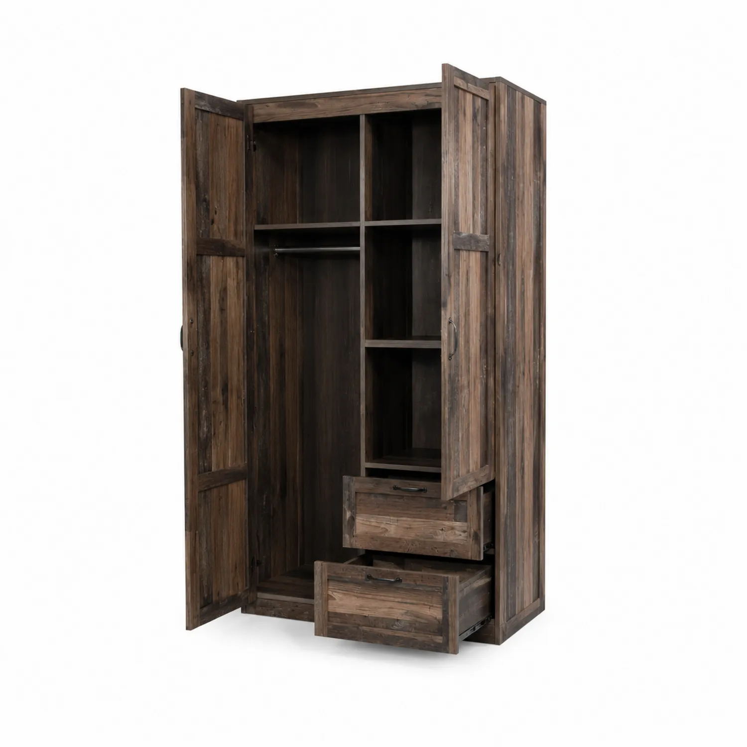 Armario de madera maciza con estantes y cajones marrón
