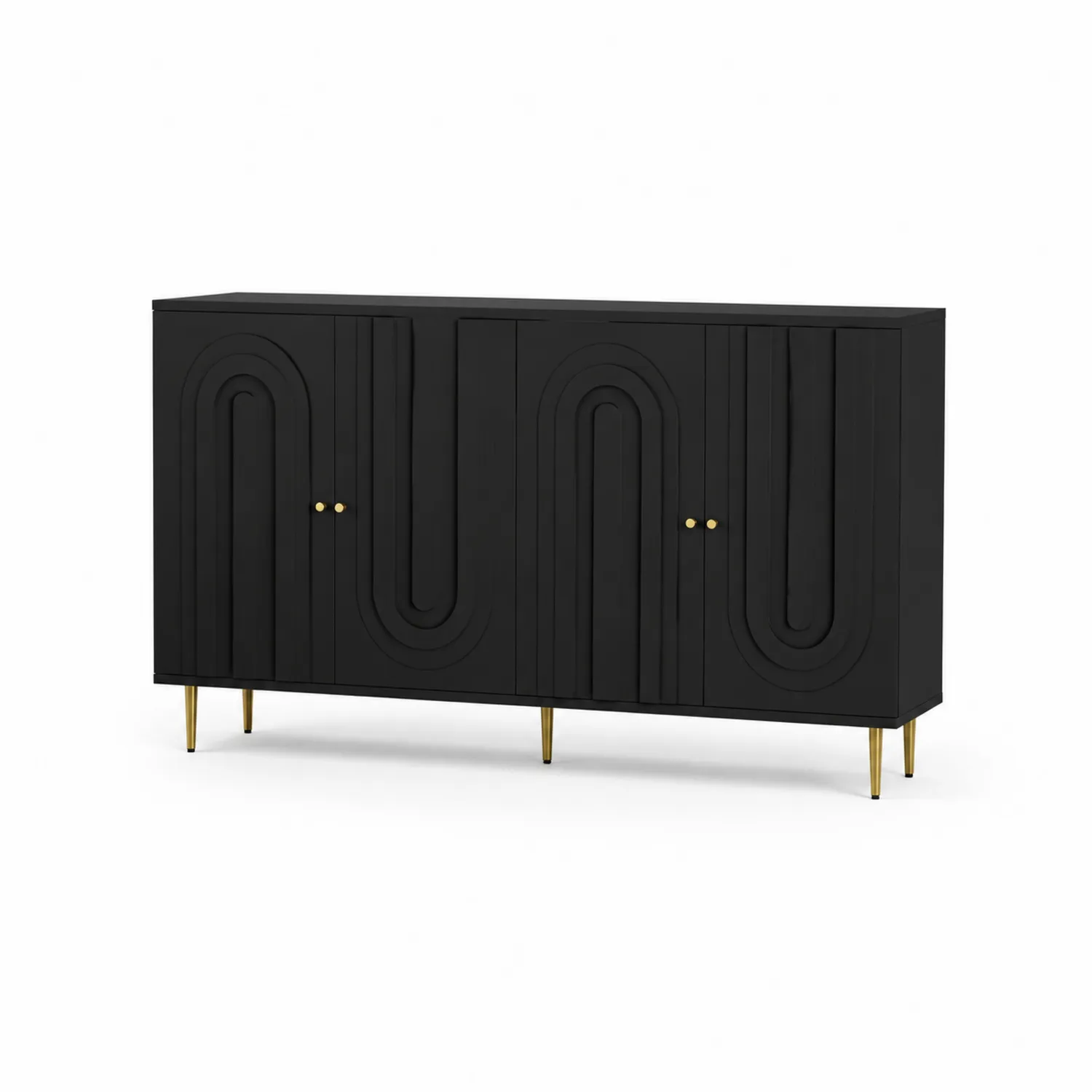 Aparador de madera MDF negro con patas de metal dorado de 150 cm
