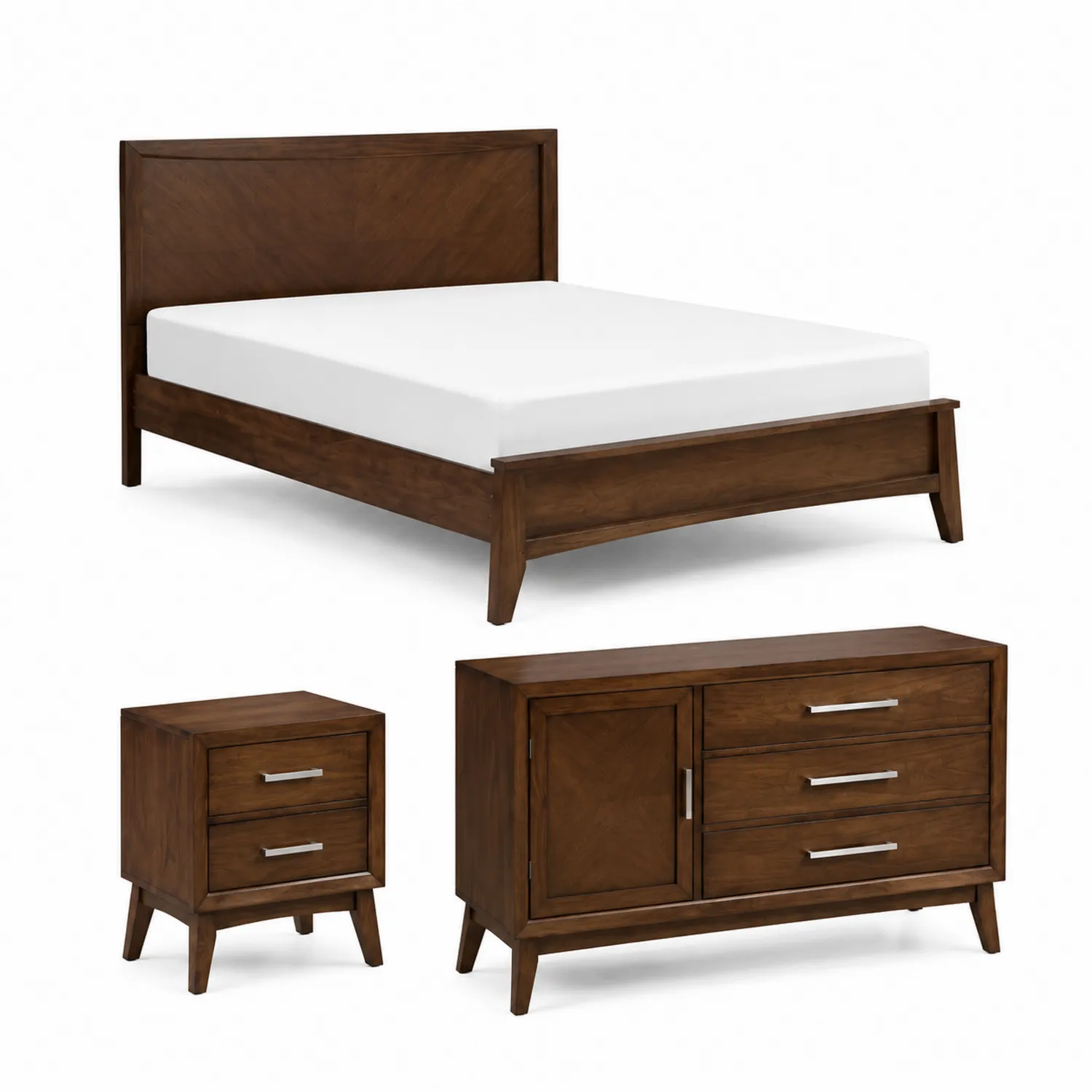 Conjunto de Dormitorio de Madera Nogal con Cama, Mesita y Cómoda Marrón