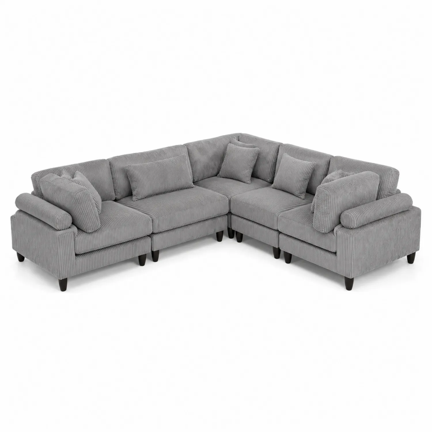 Sofá modular esquinero de pana gris con cojines