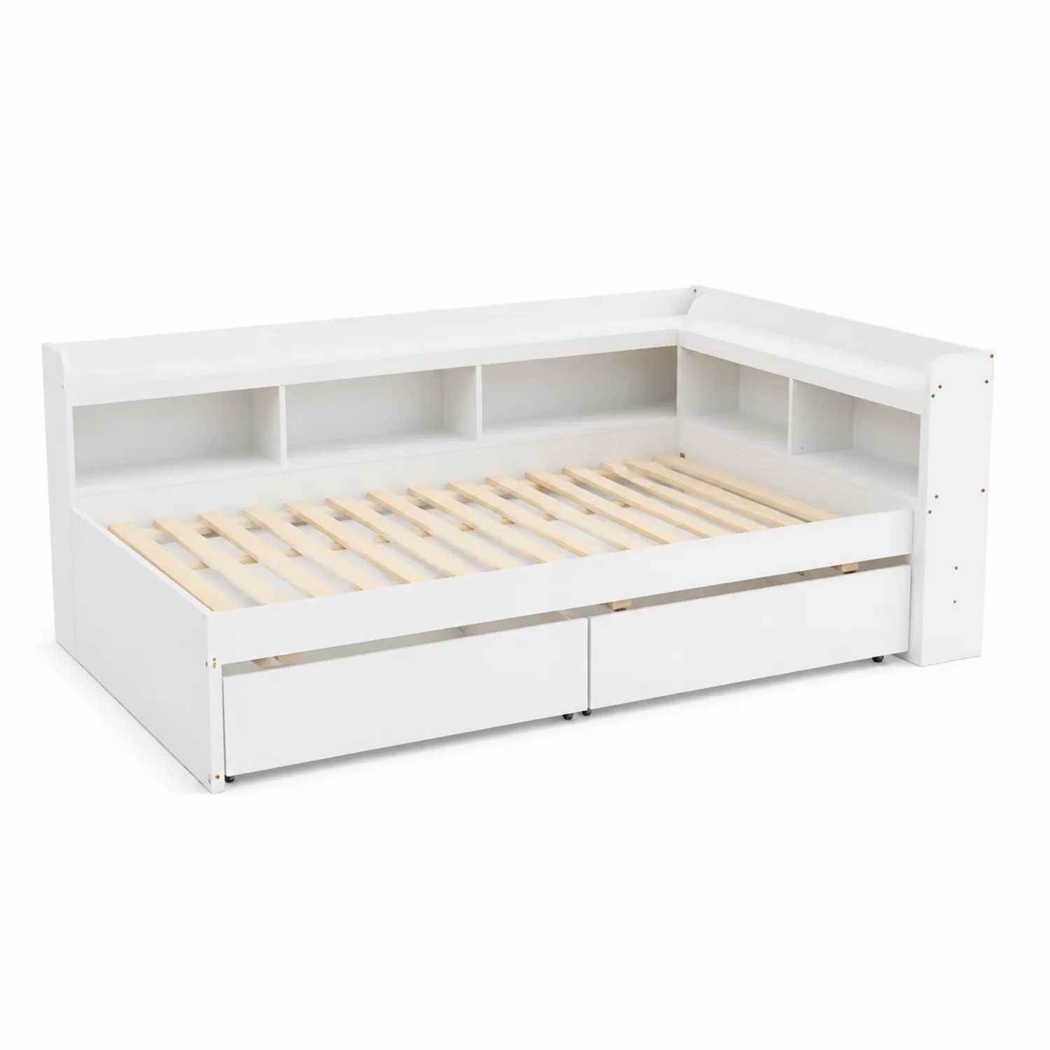 Cama de madera con almacenamiento y estantería integrada blanca 200x90 cm