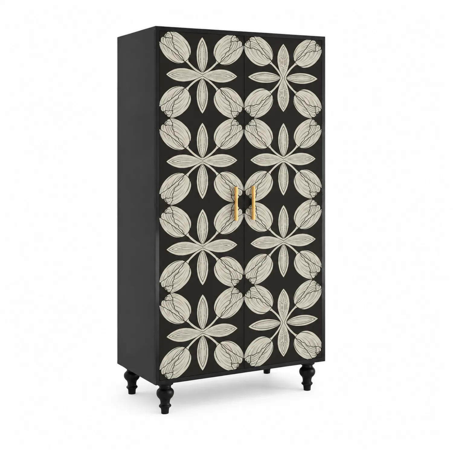 Armario de madera con diseño floral negro y beige 180x90x45 cm