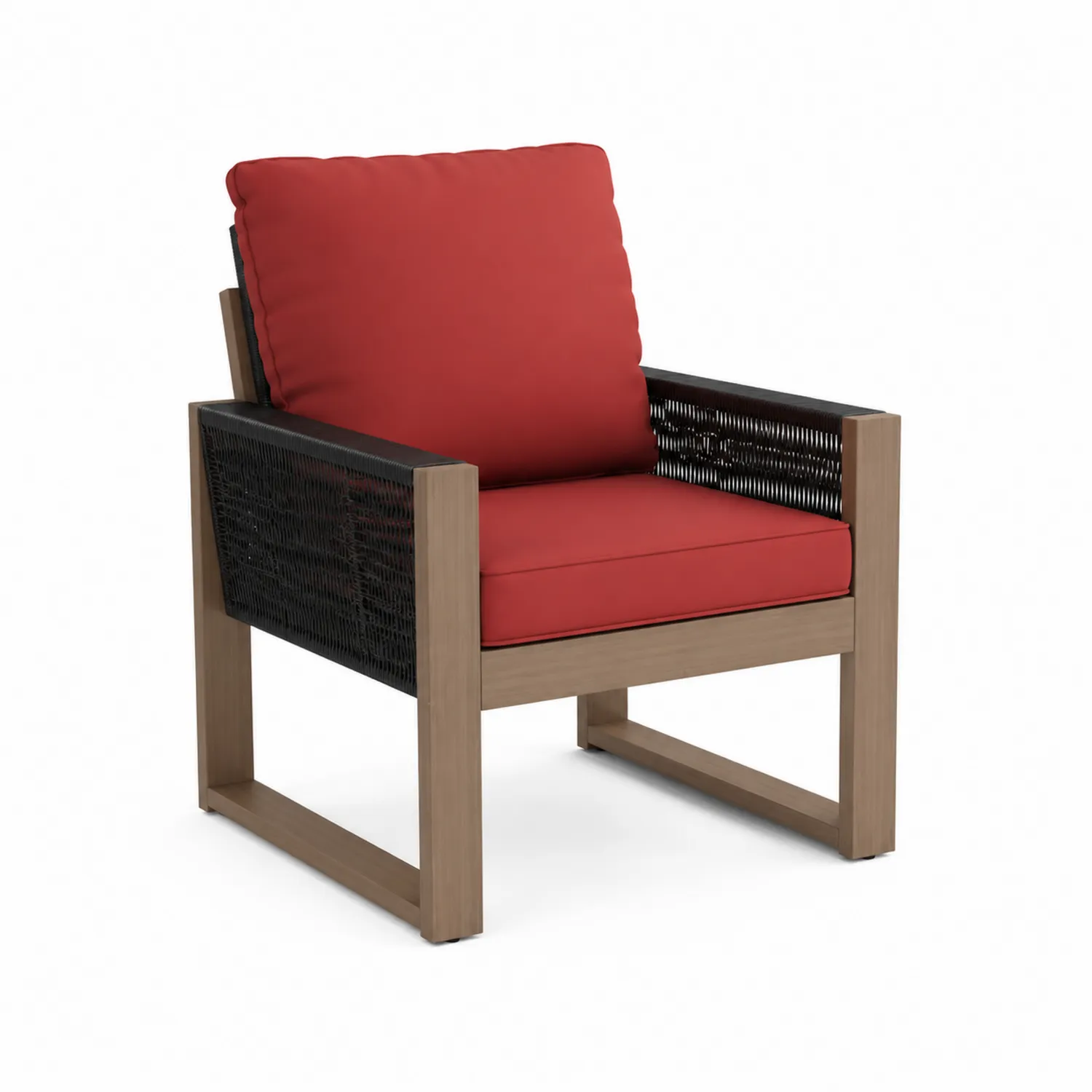 Sillón de madera y tejido sintético con cojines rojos