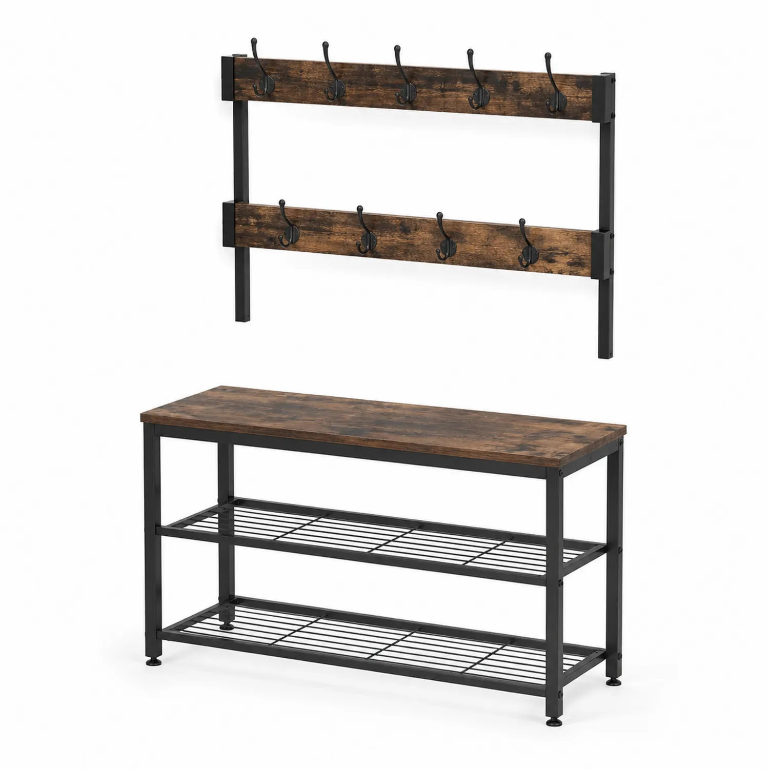 Conjunto de perchero y banco de madera y metal Marrón/Negro