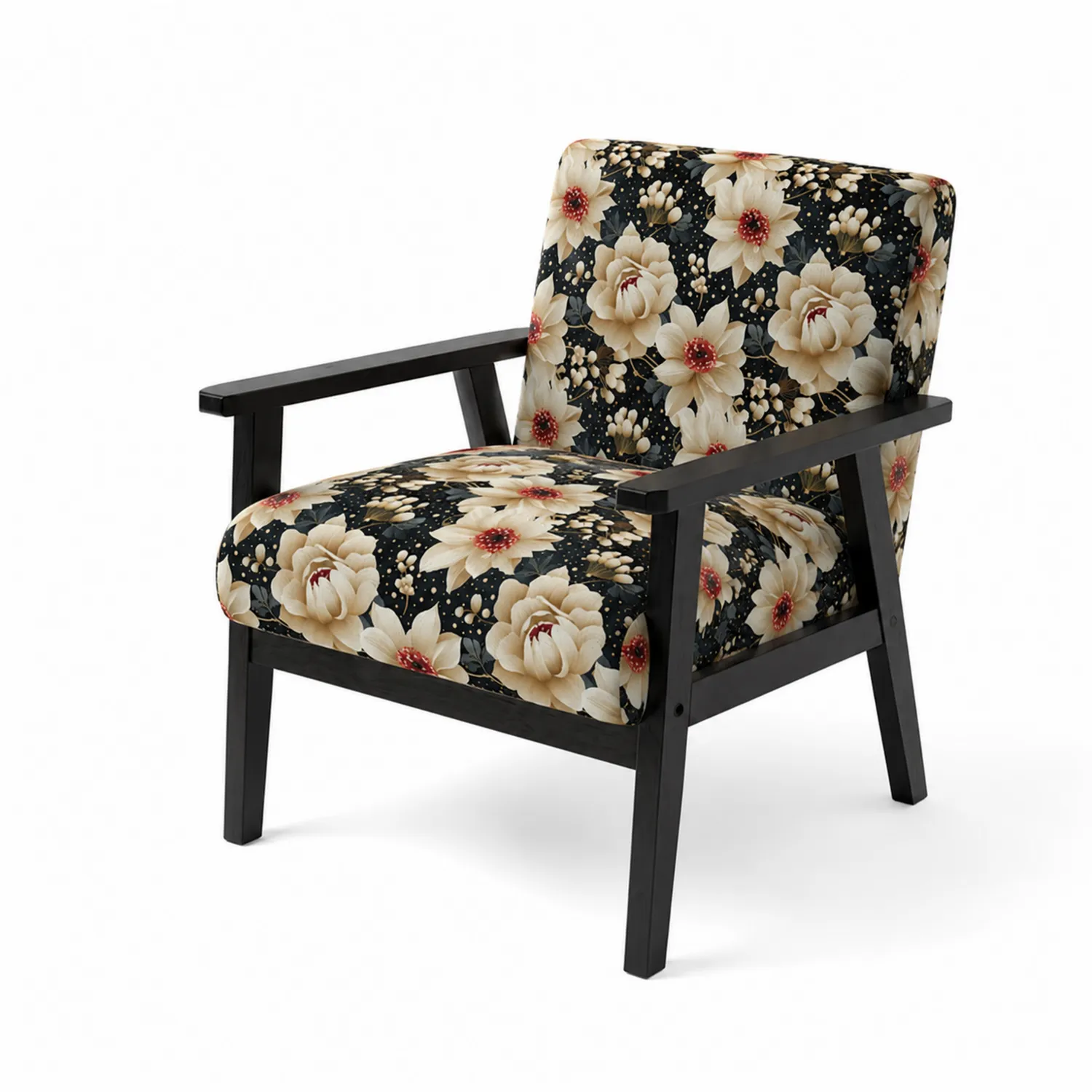 Silla de madera con tapizado de poliéster floral y estructura negra
