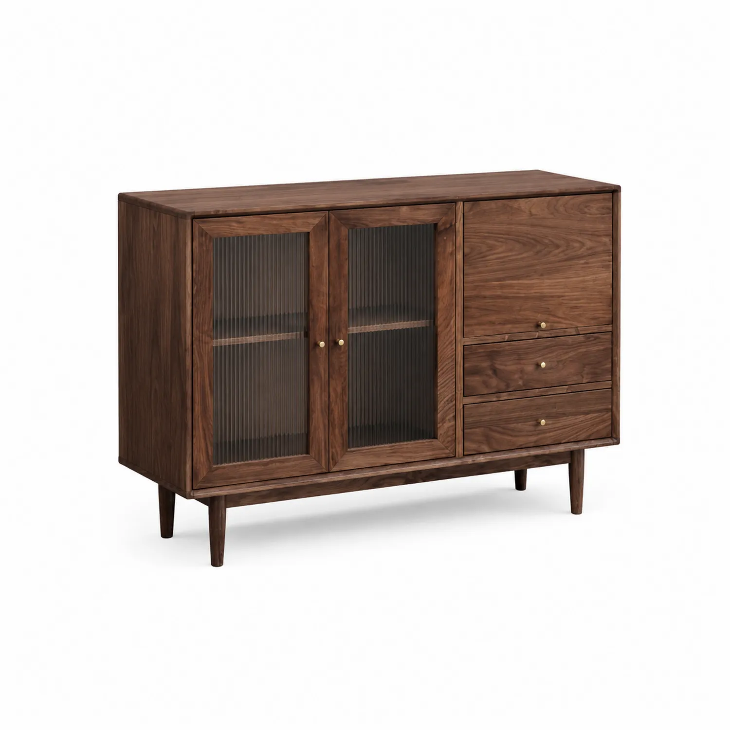 Aparador de madera maciza con puertas de vidrio texturizado y cajones 120 cm x 85 cm x 40 cm Marrón