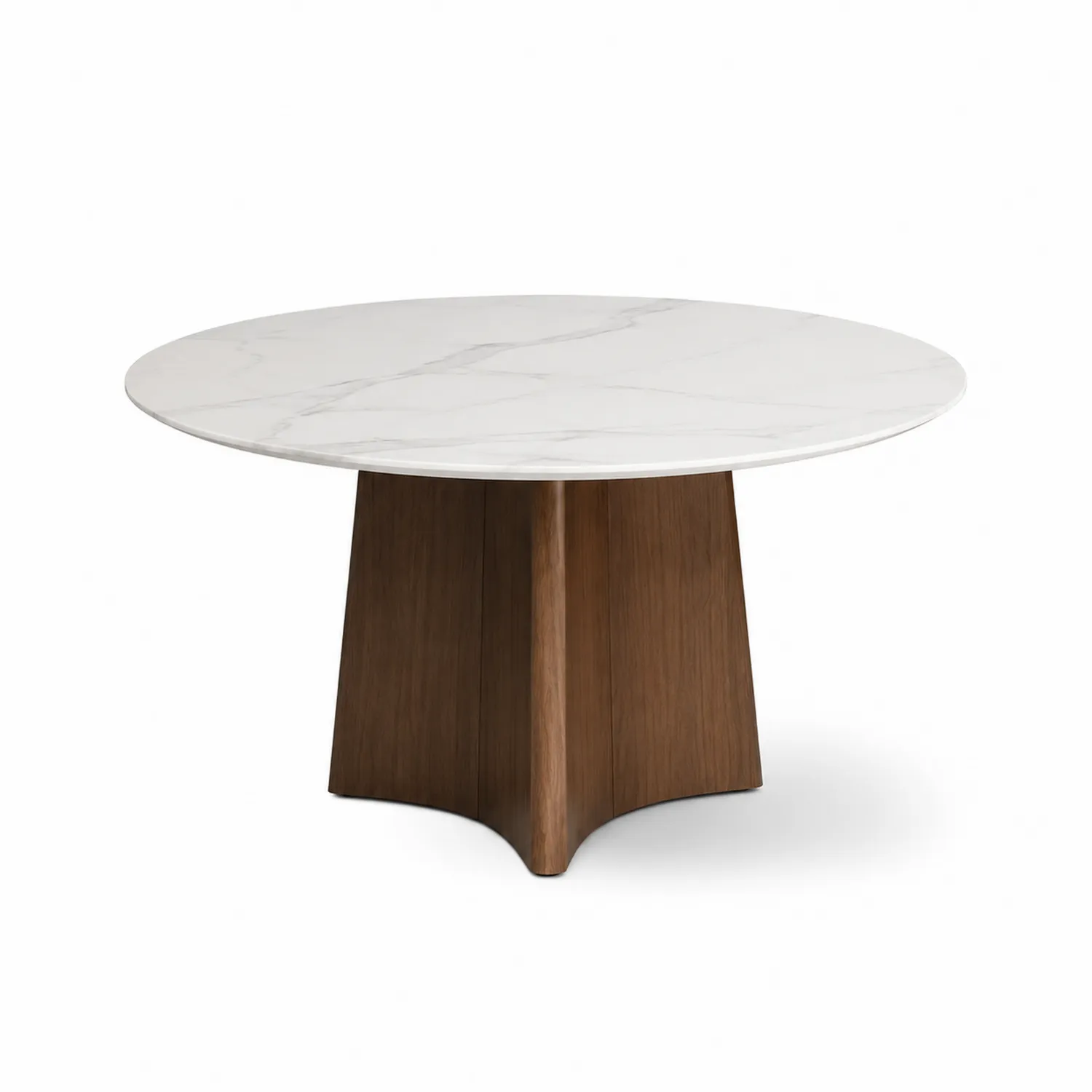 Mesa de comedor redonda de mármol blanco y base de madera de nogal 120 cm