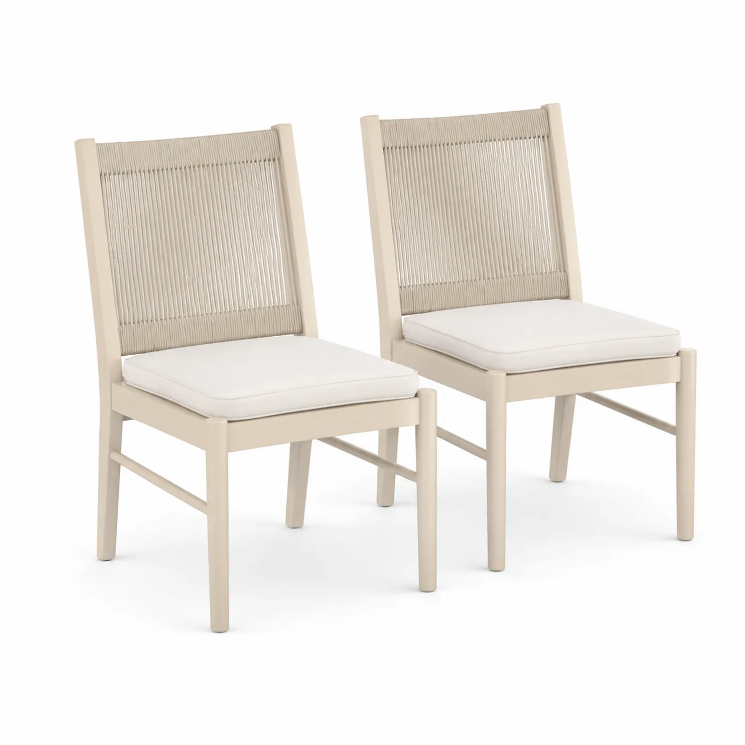 Juego de 2 sillas de madera con respaldo de cuerda y cojines beige