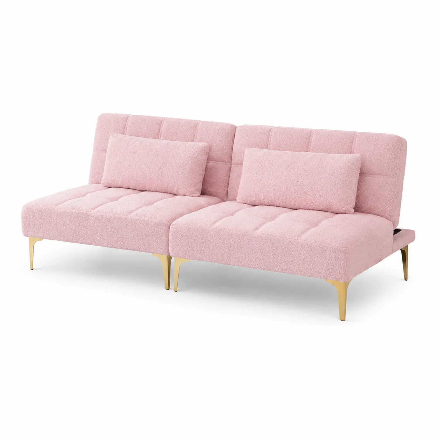Sofá cama de tela bouclé rosa con patas de metal dorado 200x90x85 cm