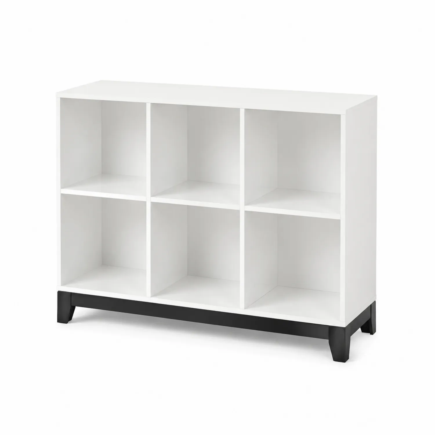 Estantería de MDF blanca con base de plástico negro y 6 compartimentos