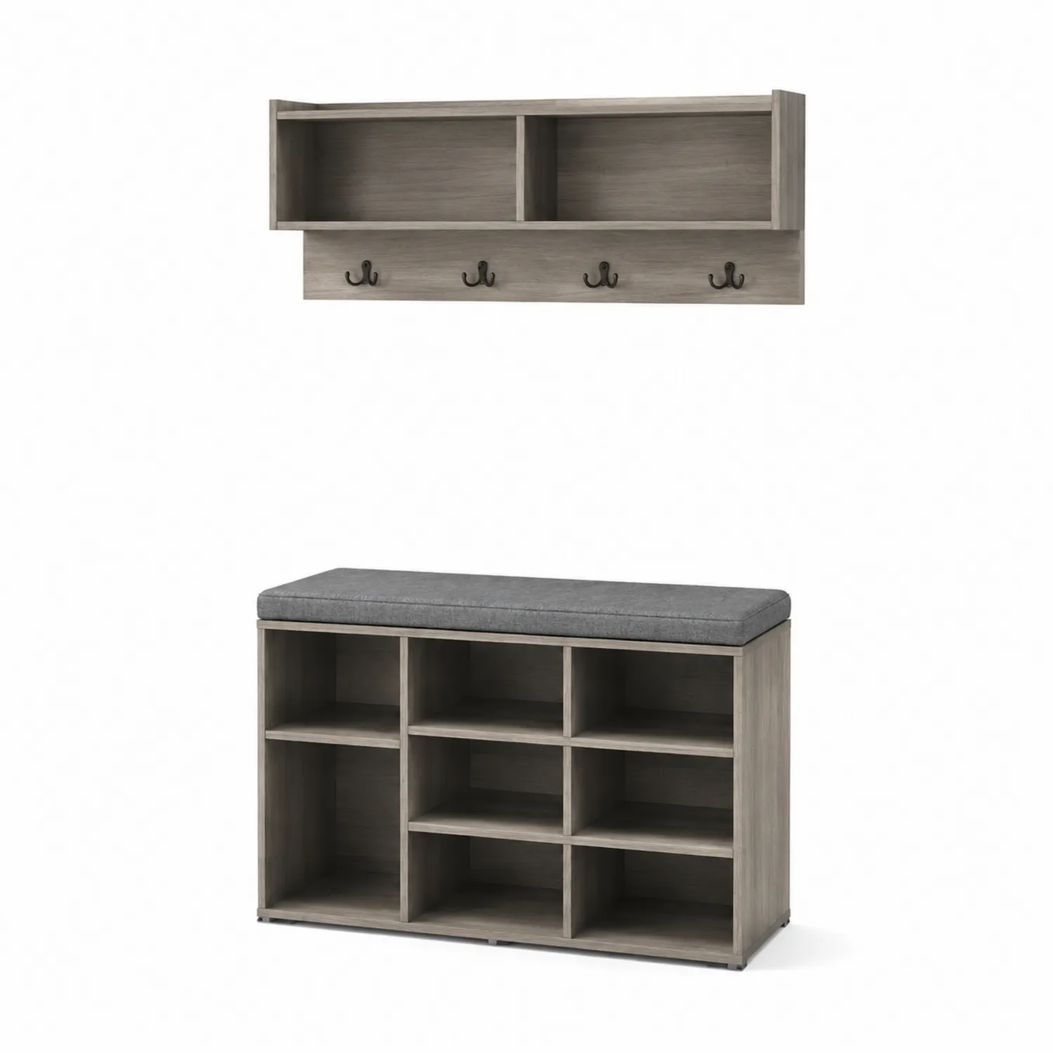 Conjunto de perchero y banco de madera con cojín gris