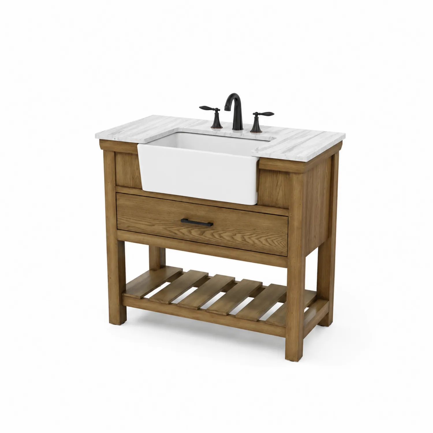 Mueble de lavabo de madera con encimera de mármol y fregadero cerámico