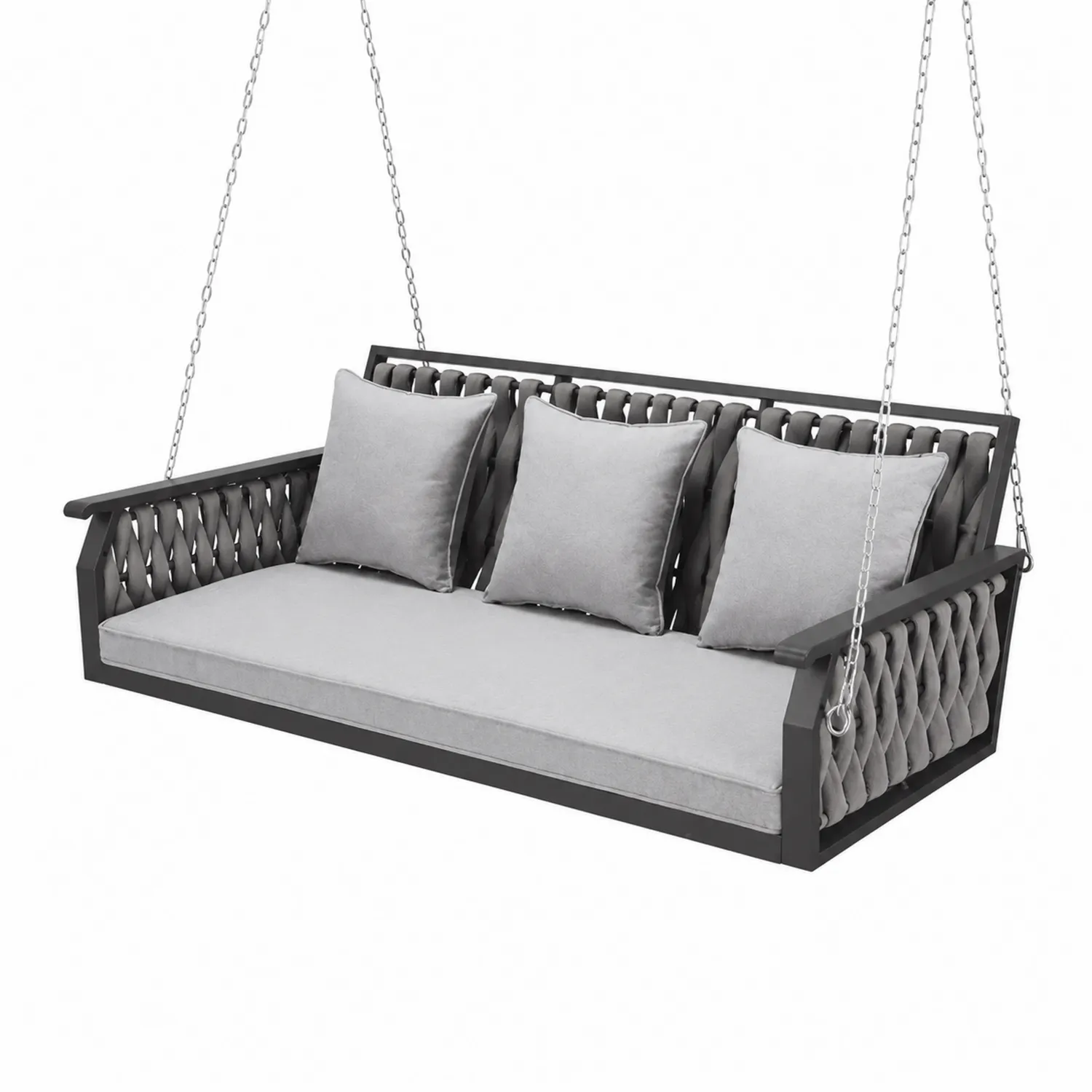 Columpio de madera con cojines de poliéster gris y cadenas metálicas