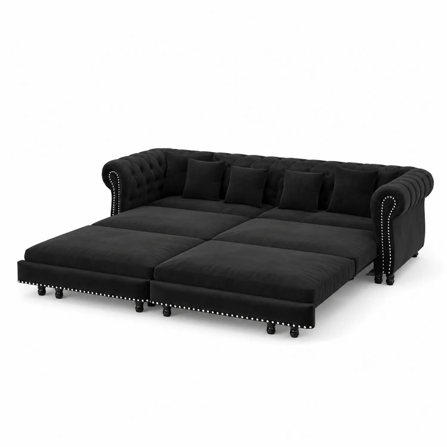 Sofá cama de terciopelo negro con diseño Chesterfield