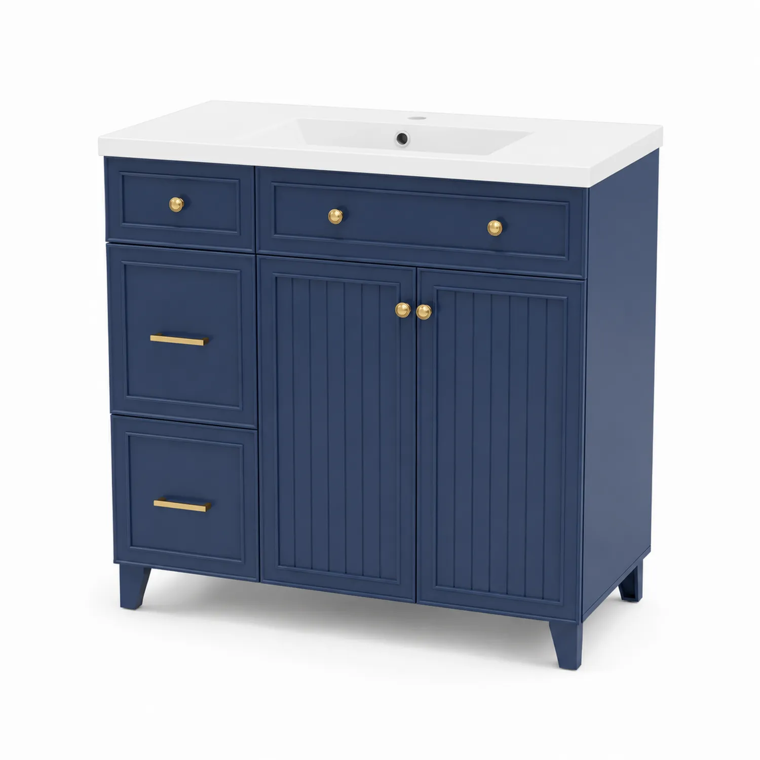 Armario de baño de madera con lavabo cerámico azul