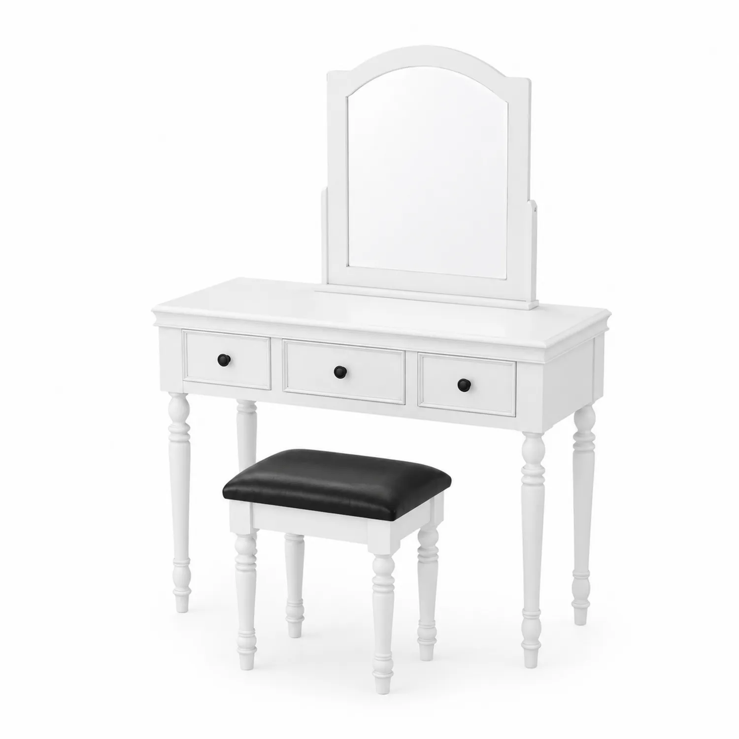 Tocador de madera con espejo y taburete, blanco y negro