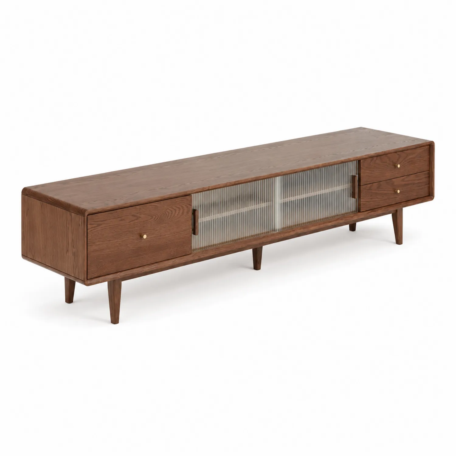 Mueble de TV de madera con puertas de vidrio acanalado 180 cm Marrón