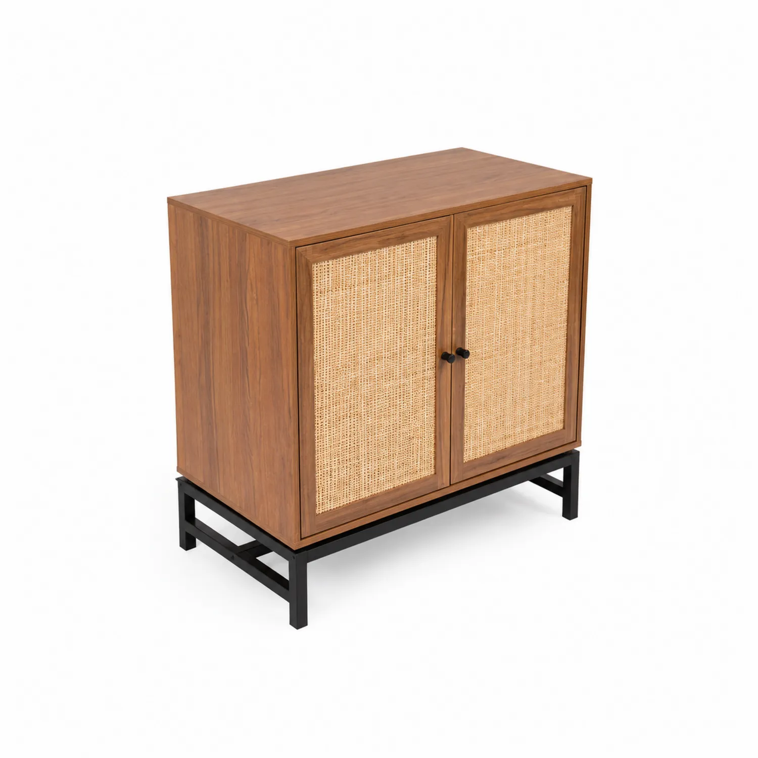 Armario de madera y metal con puertas de ratán