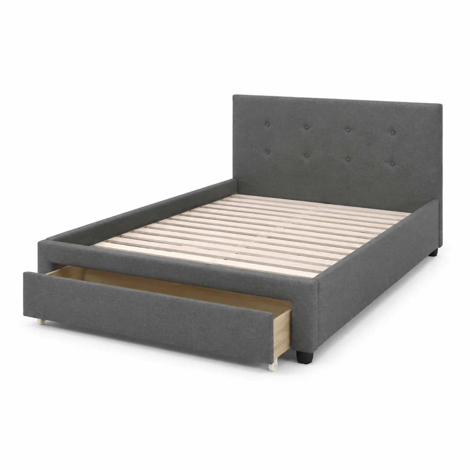Cama de Almacenaje de Madera con Cabecero Tapizado en Poliéster Gris