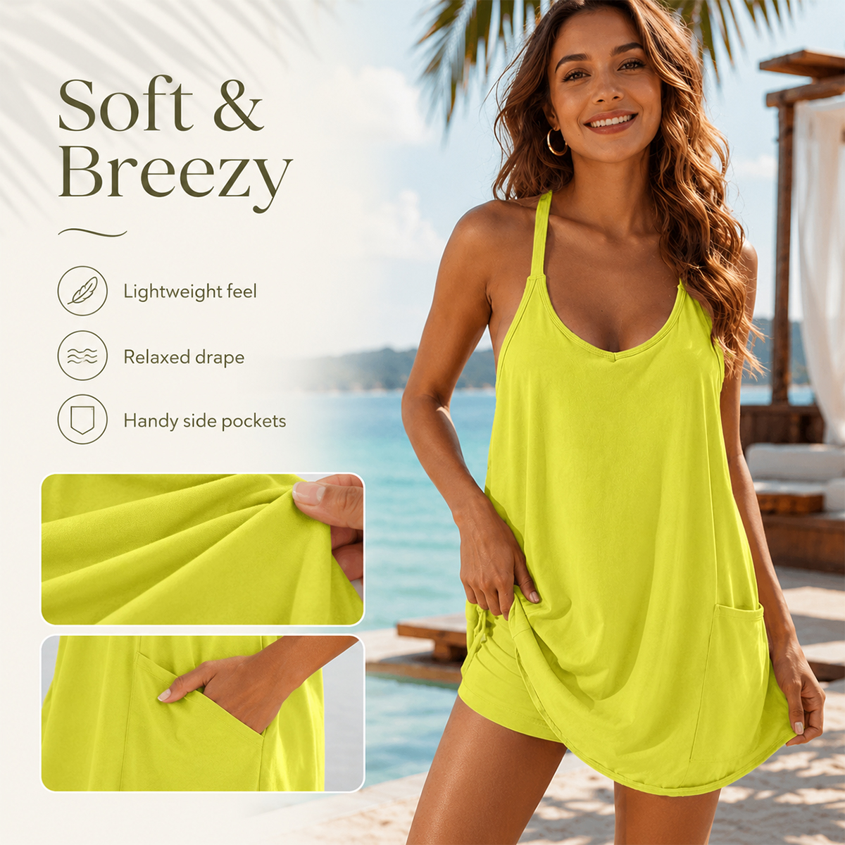 Women’s Casual Summer Dress with Built-in Shorts, Loose Fit Sleeveless Mini Dress with Pockets, Soft Stretch Fabric, Comfortable Everyday Outfit for Travel, Beach, Sports and Daily Wear