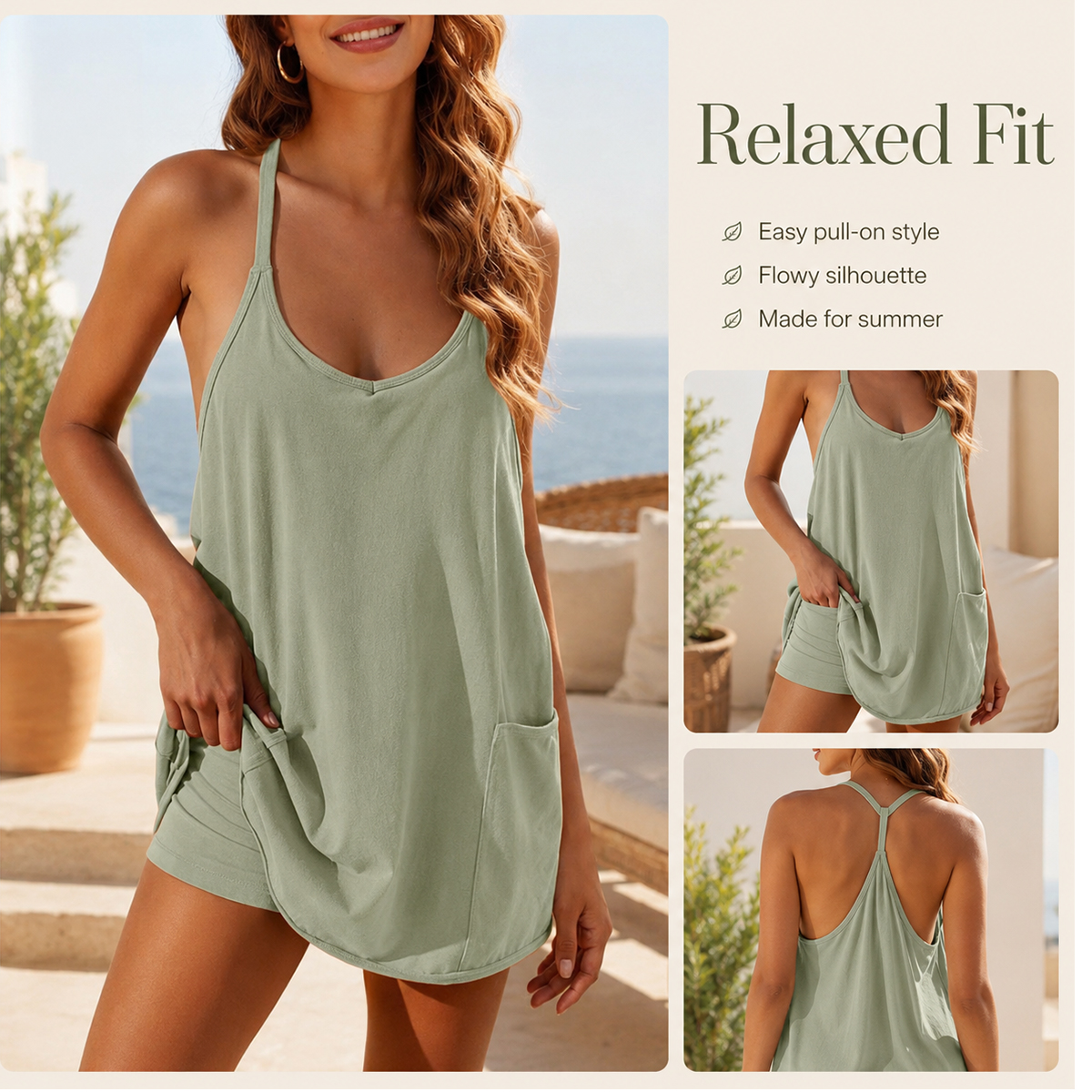 Women’s Casual Summer Dress with Built-in Shorts, Loose Fit Sleeveless Mini Dress with Pockets, Soft Stretch Fabric, Comfortable Everyday Outfit for Travel, Beach, Sports and Daily Wear
