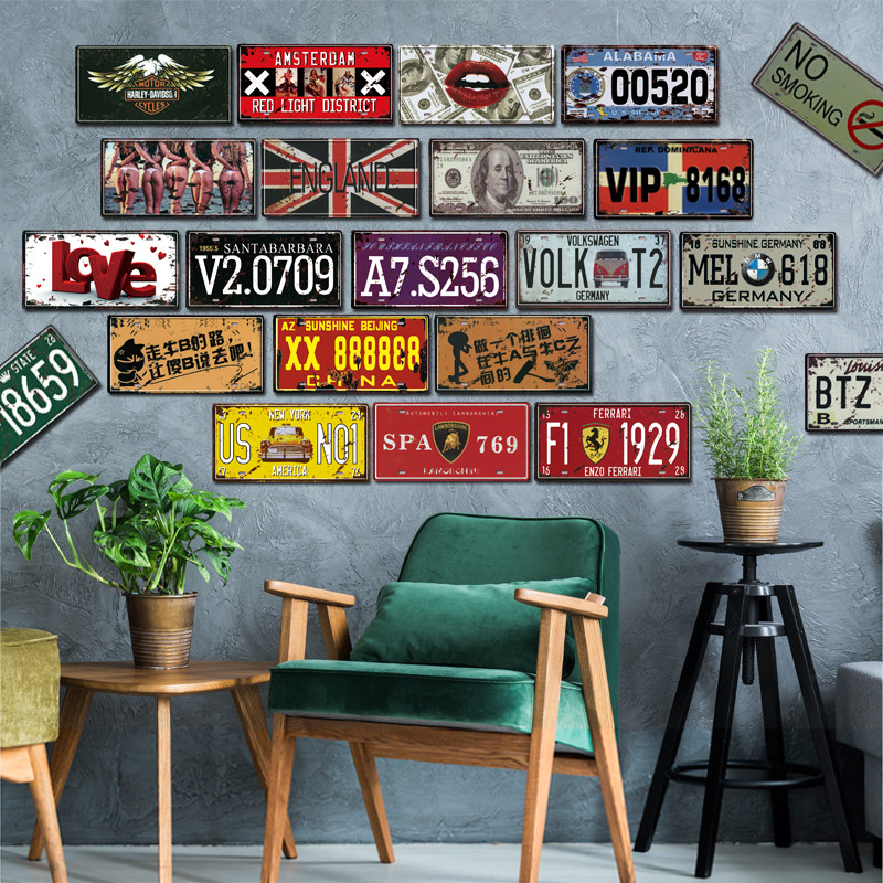 American retro license plate tinplate decoration, industrial style, bar, restaurant, home, creative and personalized wall decoration.