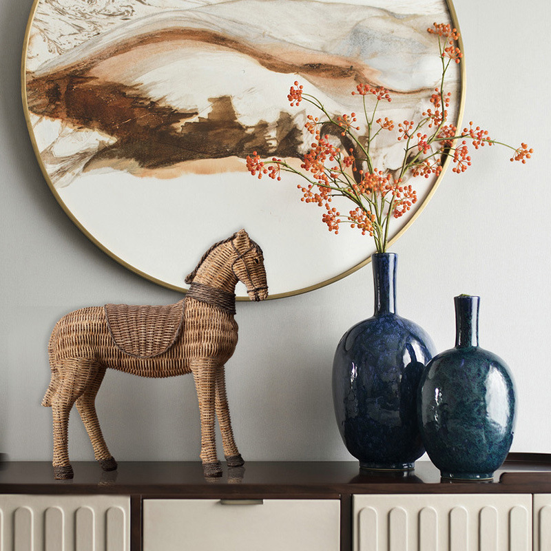 Nordic-style rattan-patterned horse resin ornament for living room, study, TV cabinet, wine cabinet, shoe cabinet, and home soft furnishing decoration.