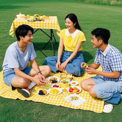 Portable yellow and white checkered disposable picnic mat for outdoor cooking, picnics, camping, moisture-proof mats, tent mats, tablecloths
