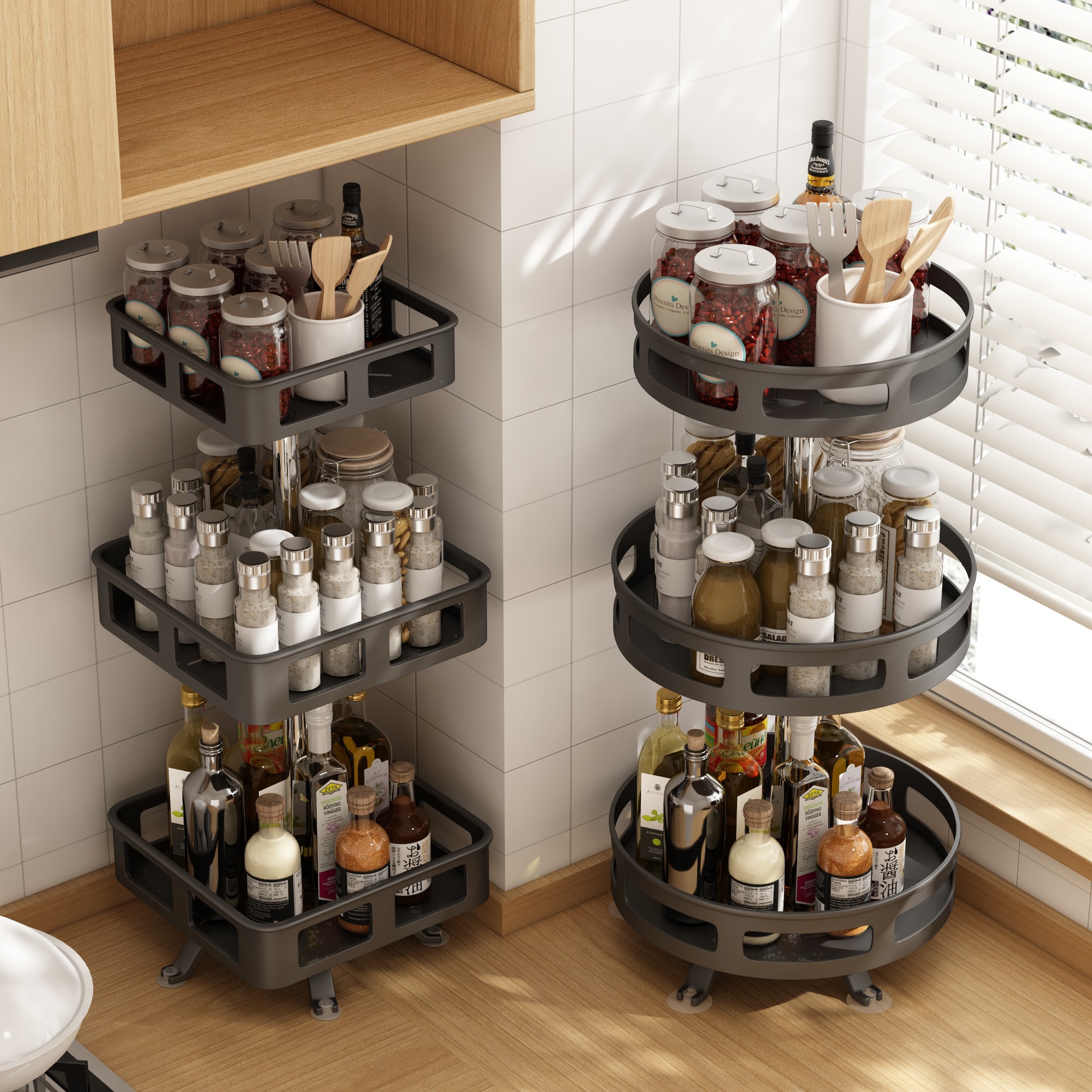 Kitchen rotating spice rack, three-tier multi-functional countertop storage rack for soy sauce, vinegar, and condiments.