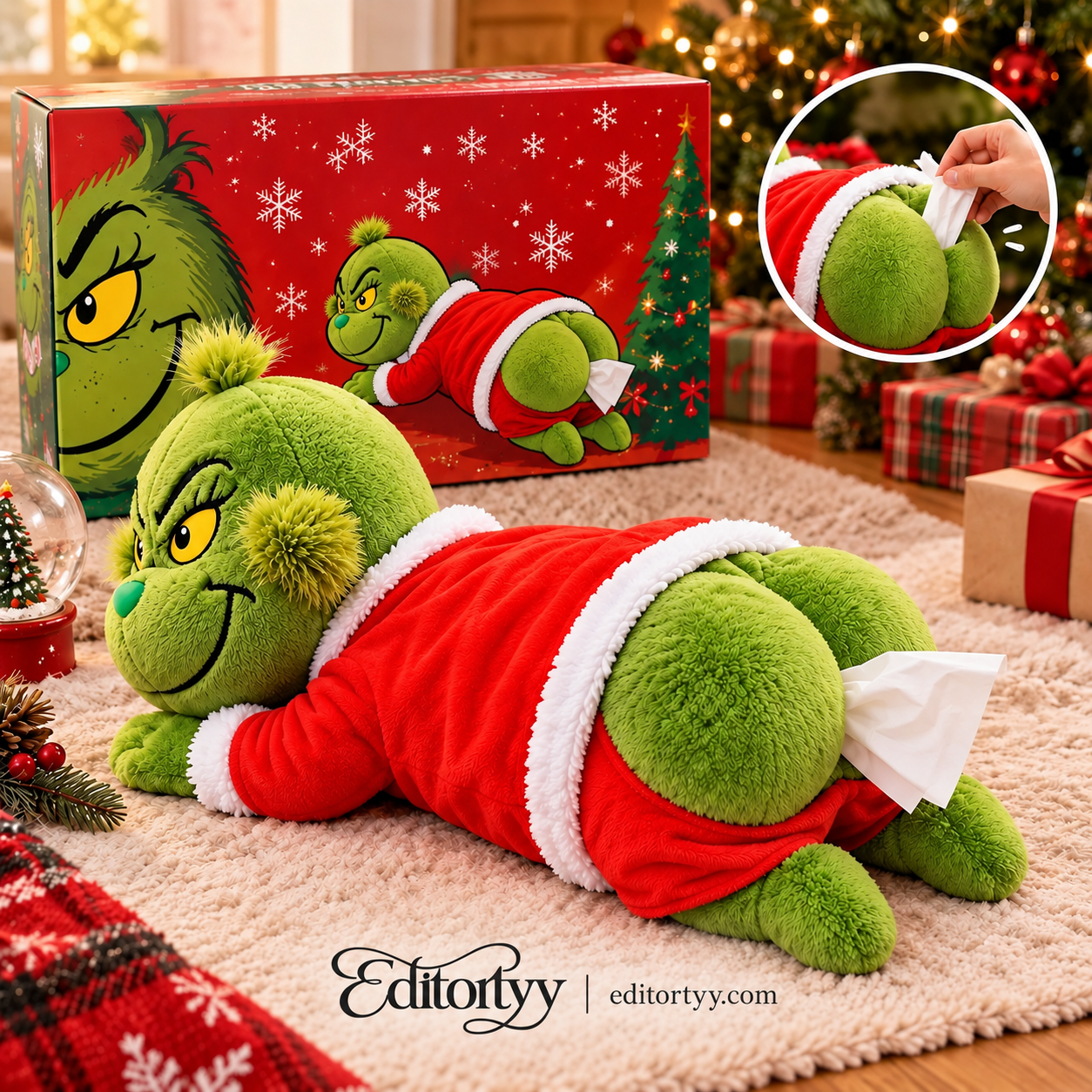 A laughing man enjoying the funny plush Christmas tissue holder at home