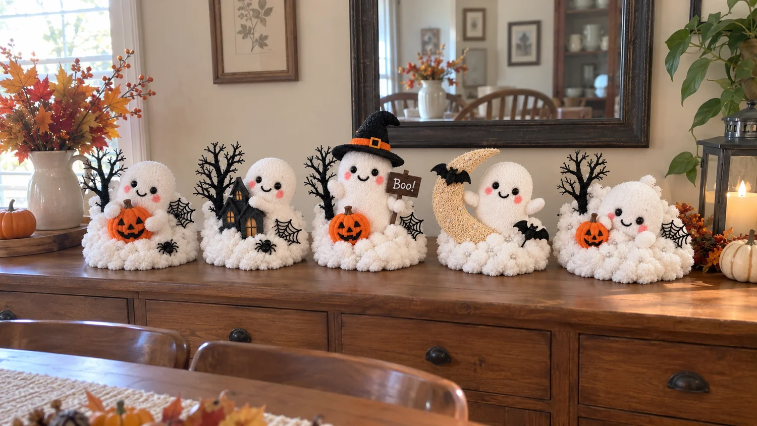 Ghost decorations styled on a console table
