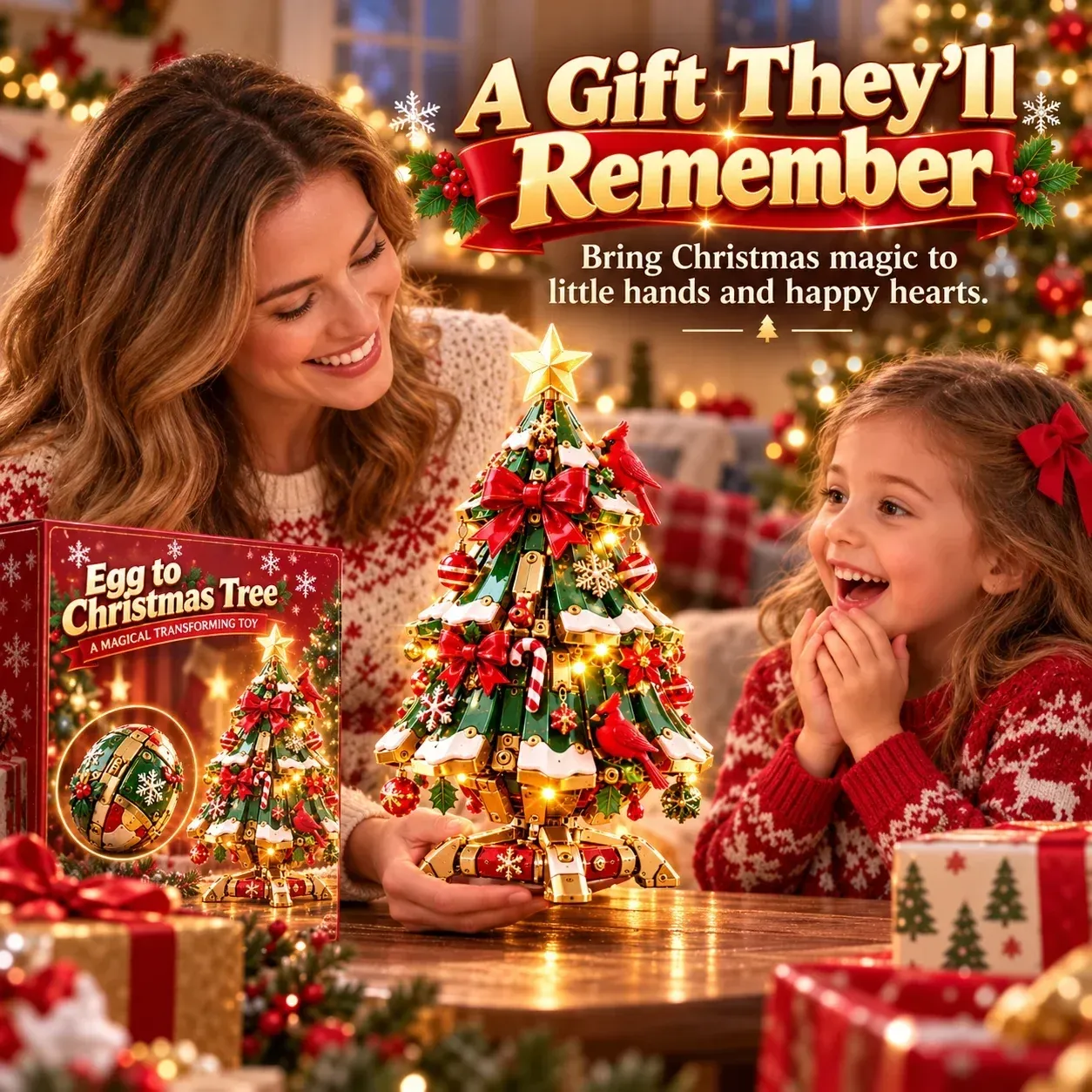 Family admiring a festive transforming Christmas tree display