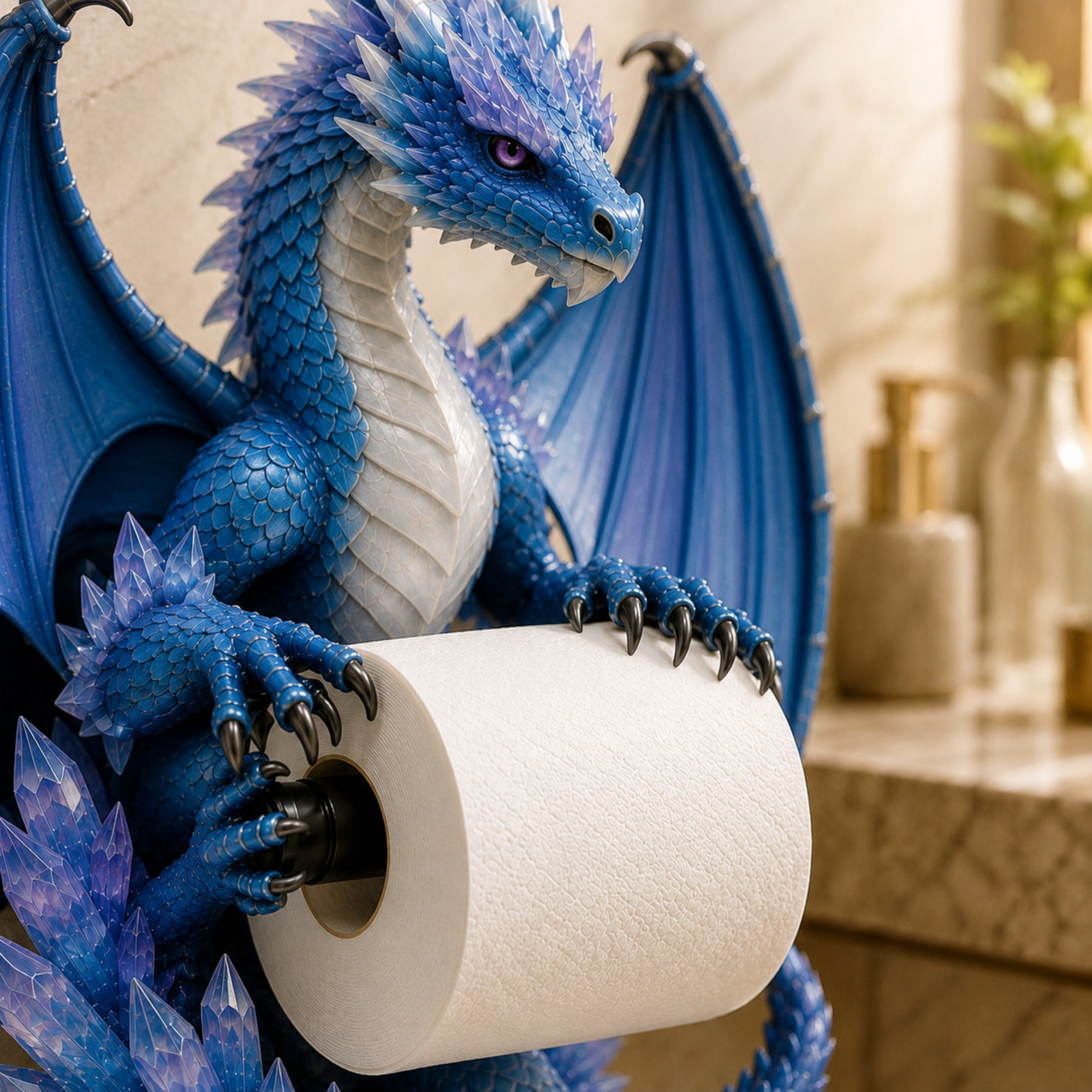 Close-up of blue crystal dragon holding toilet paper roll